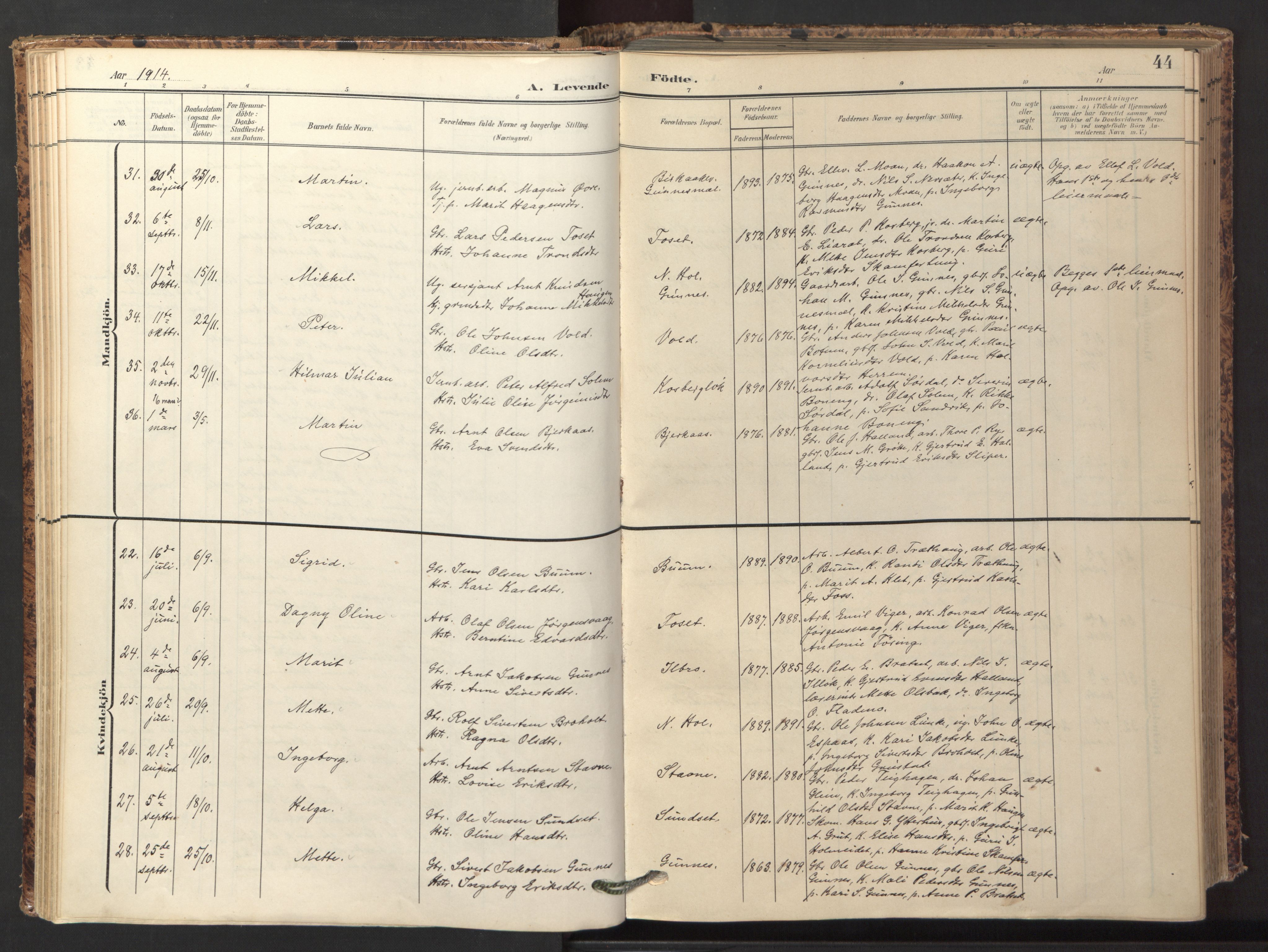 Ministerialprotokoller, klokkerbøker og fødselsregistre - Sør-Trøndelag, AV/SAT-A-1456/674/L0873: Parish register (official) no. 674A05, 1908-1923, p. 44