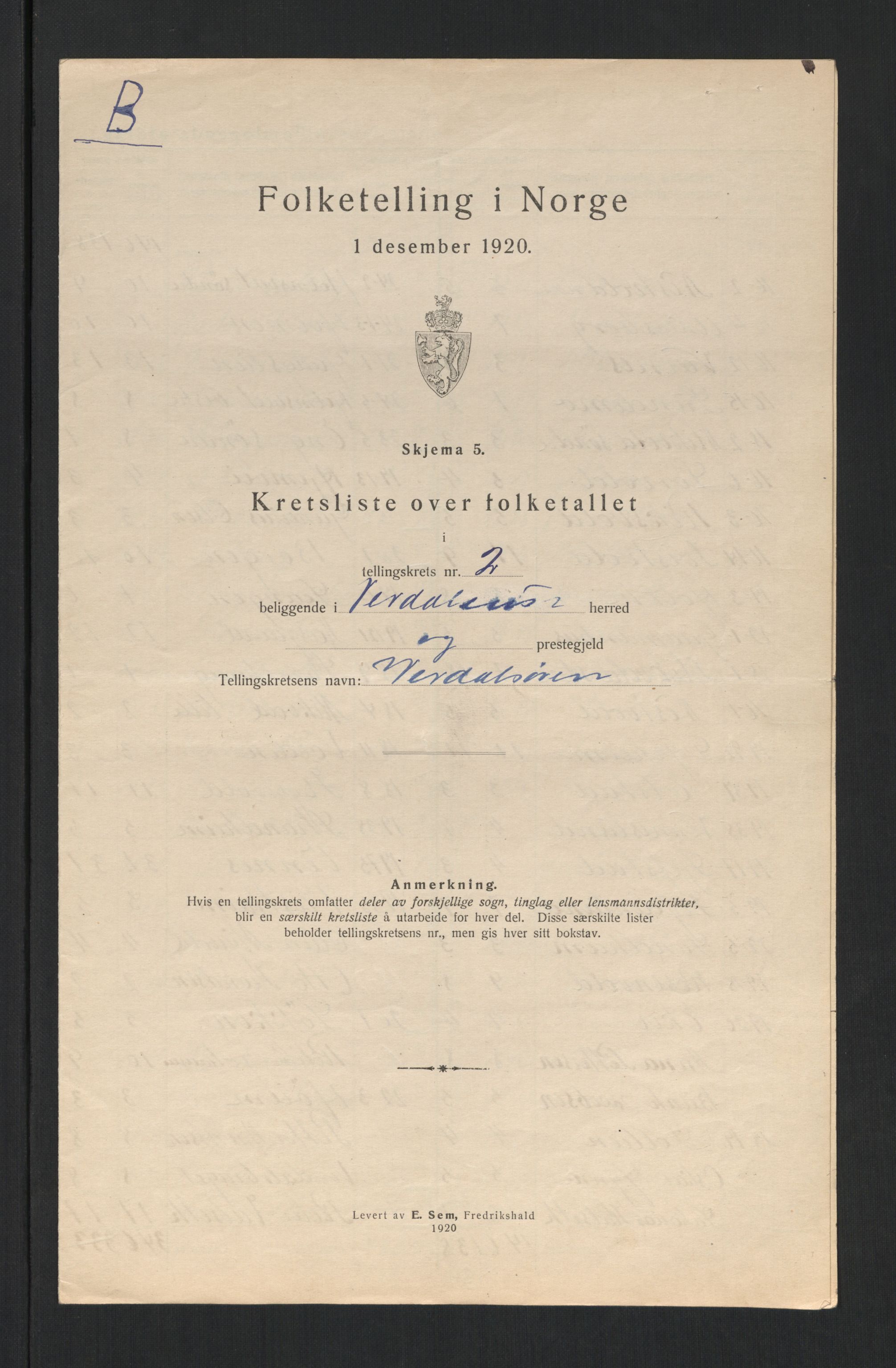 SAT, 1920 census for Verdal, 1920, p. 15