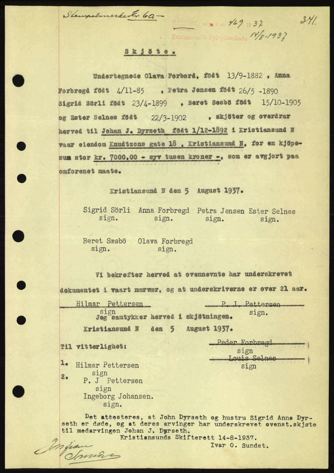 Kristiansund byfogd, AV/SAT-A-4587/A/27: Mortgage book no. 30, 1936-1941, Diary no: : 469/1937