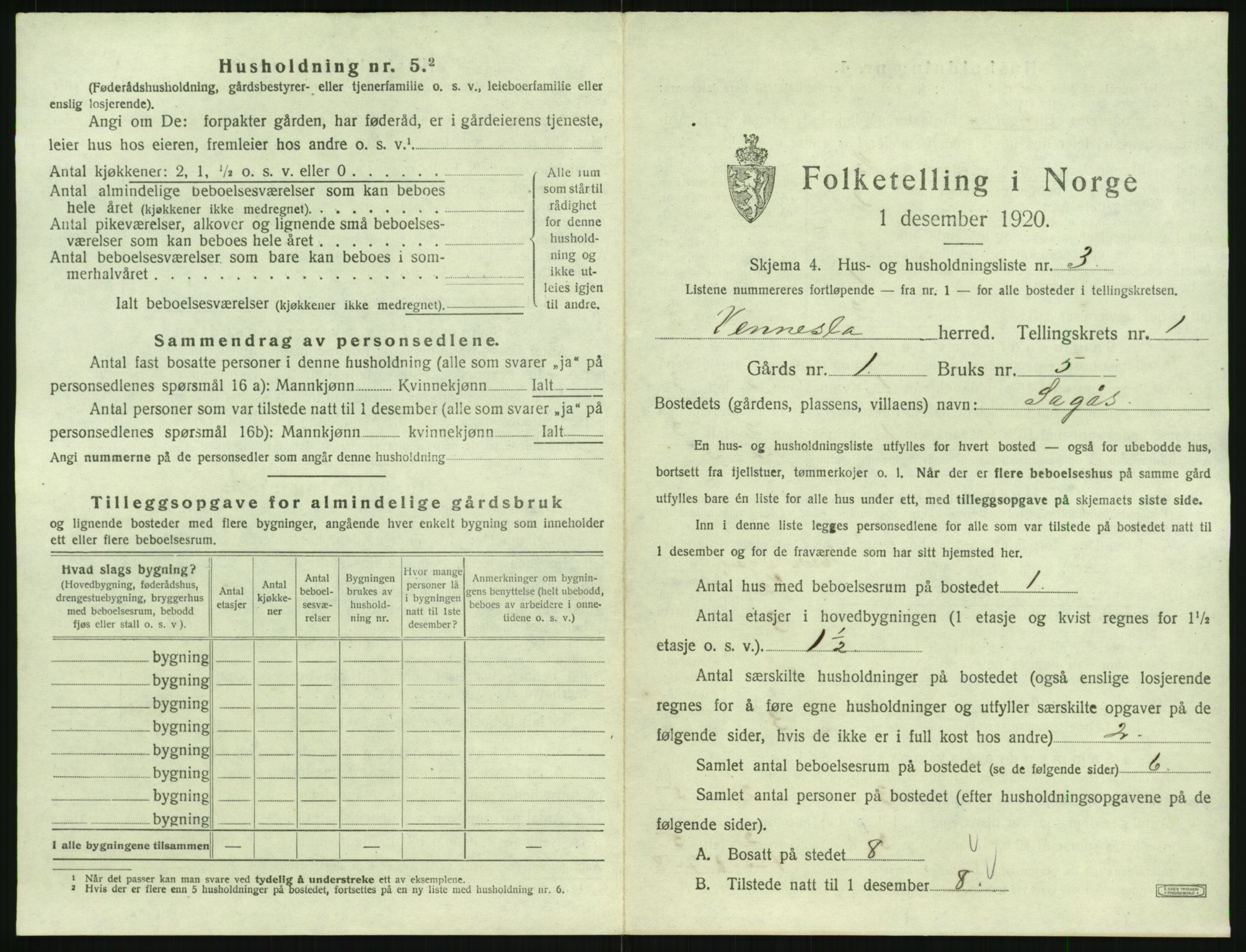 SAK, 1920 census for Vennesla, 1920, p. 48