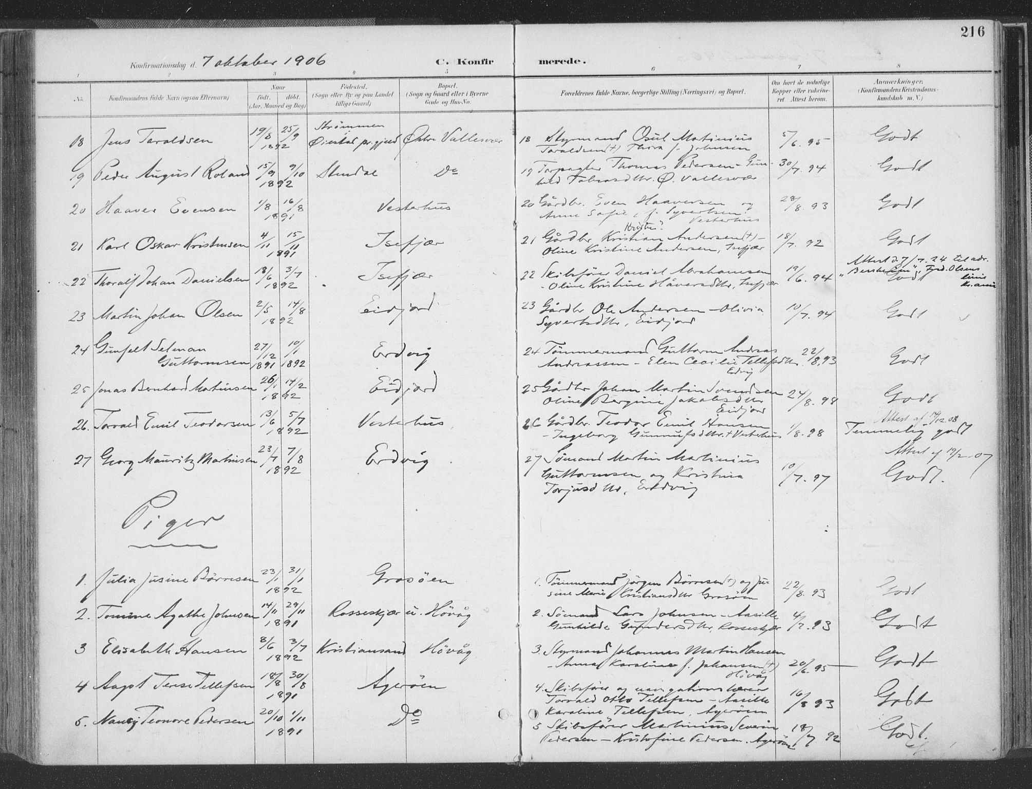 Høvåg sokneprestkontor, AV/SAK-1111-0025/F/Fa/L0006: Parish register (official) no. A 6, 1894-1923, p. 216