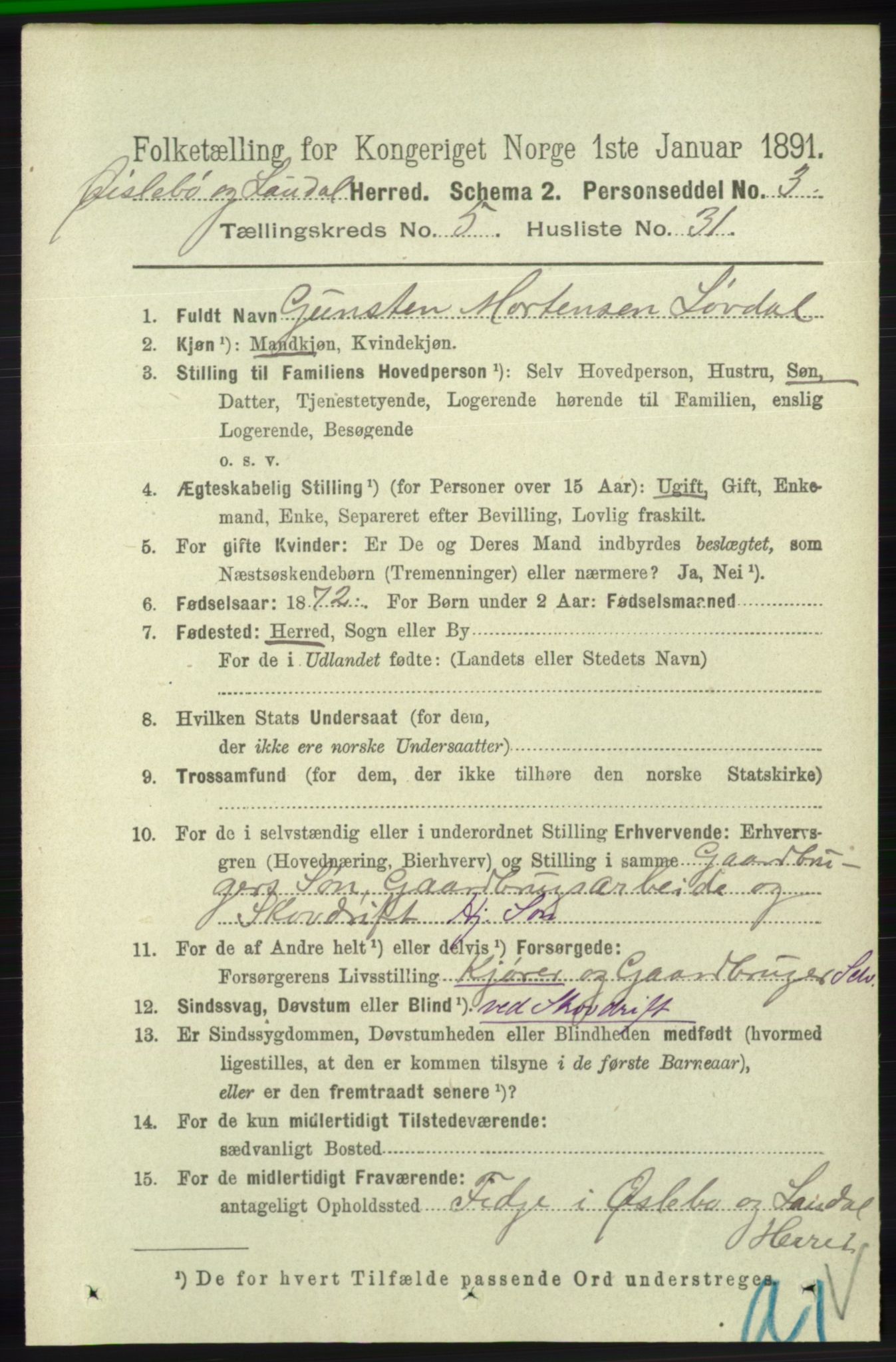 RA, 1891 census for 1021 Øyslebø og Laudal, 1891, p. 1513