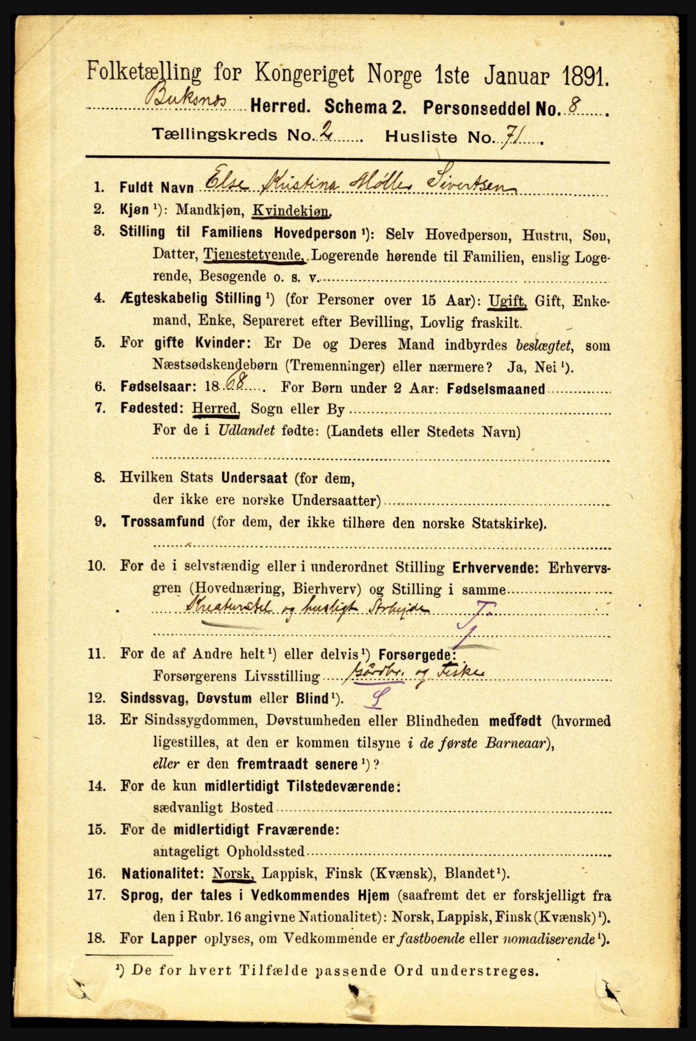 RA, 1891 census for 1860 Buksnes, 1891, p. 2102