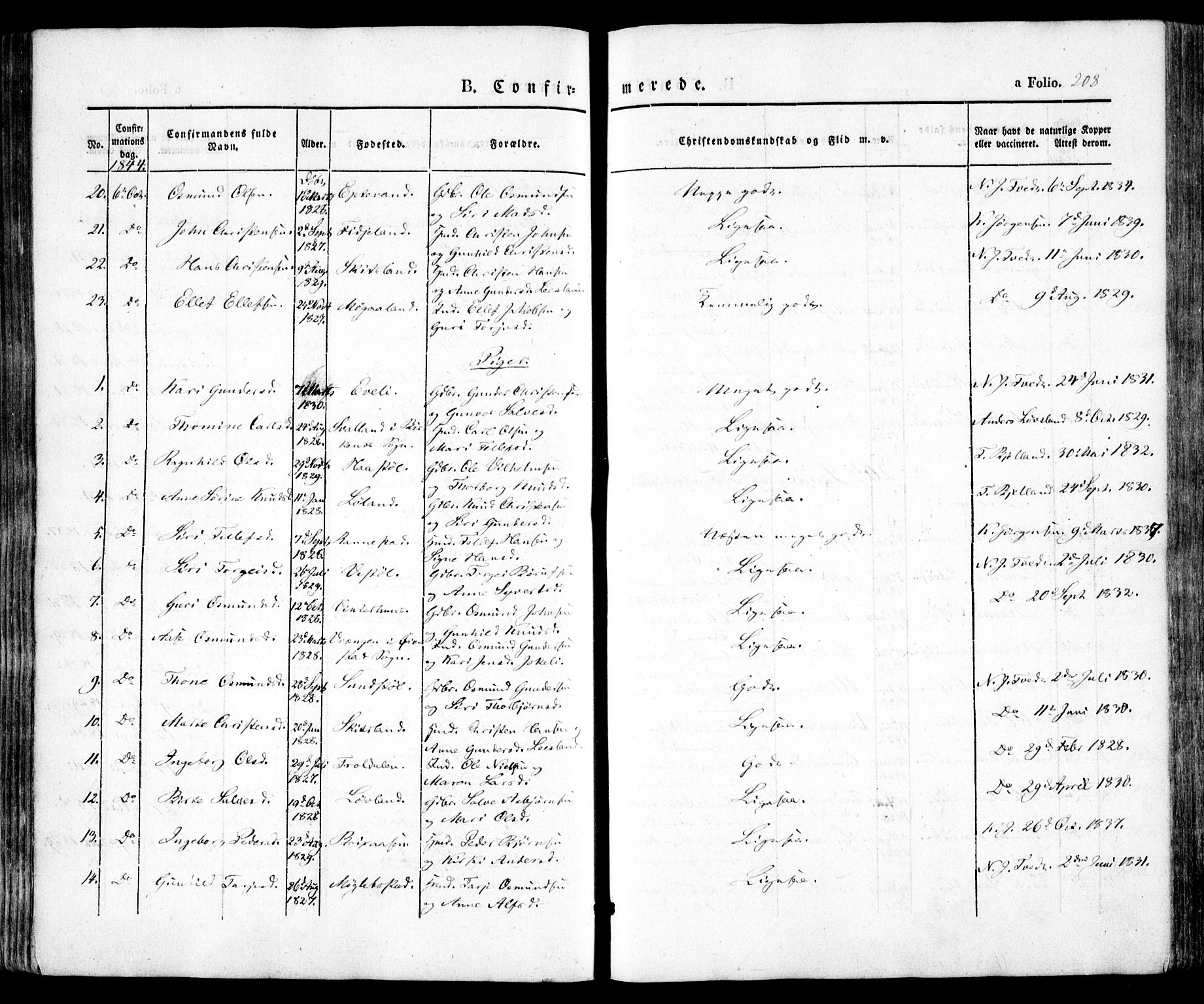 Evje sokneprestkontor, AV/SAK-1111-0008/F/Fa/Faa/L0005: Parish register (official) no. A 5, 1843-1865, p. 208