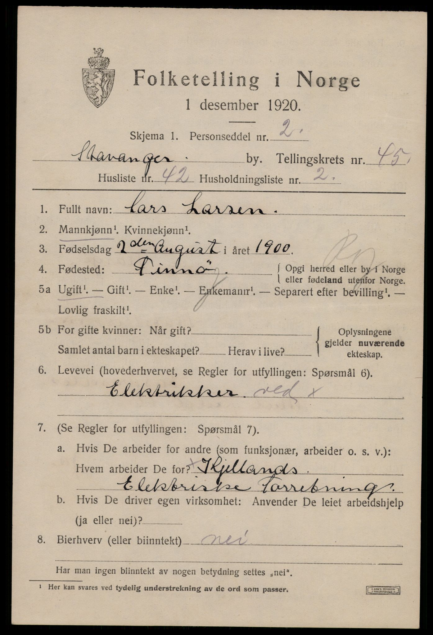 SAST, 1920 census for Stavanger, 1920, p. 110974