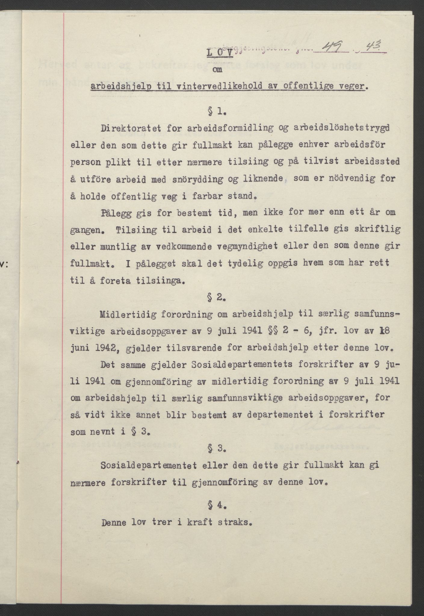 NS-administrasjonen 1940-1945 (Statsrådsekretariatet, de kommisariske statsråder mm), AV/RA-S-4279/D/Db/L0099: Lover, 1943, p. 103