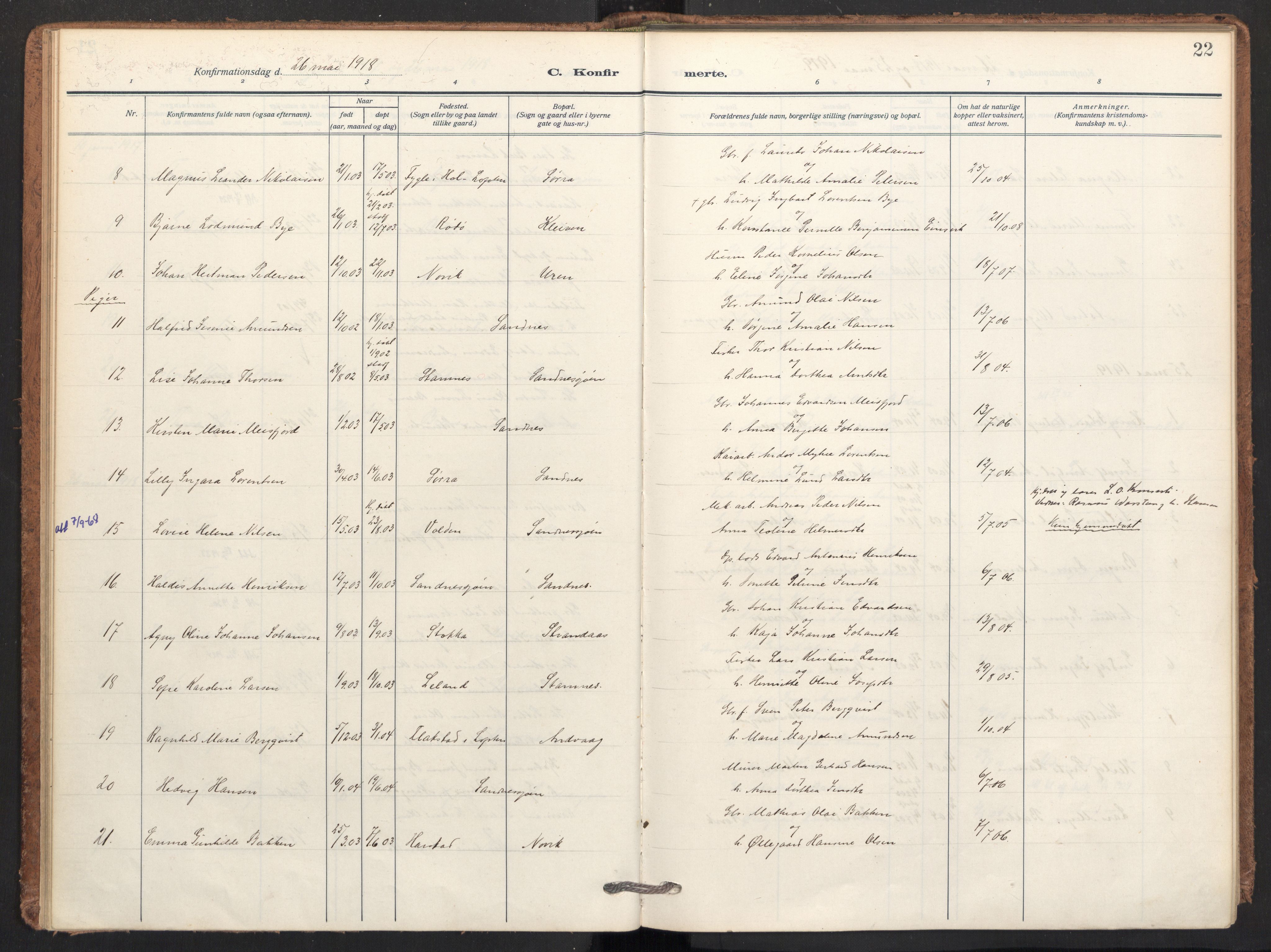 Ministerialprotokoller, klokkerbøker og fødselsregistre - Nordland, AV/SAT-A-1459/831/L0473: Parish register (official) no. 831A04, 1909-1934, p. 22