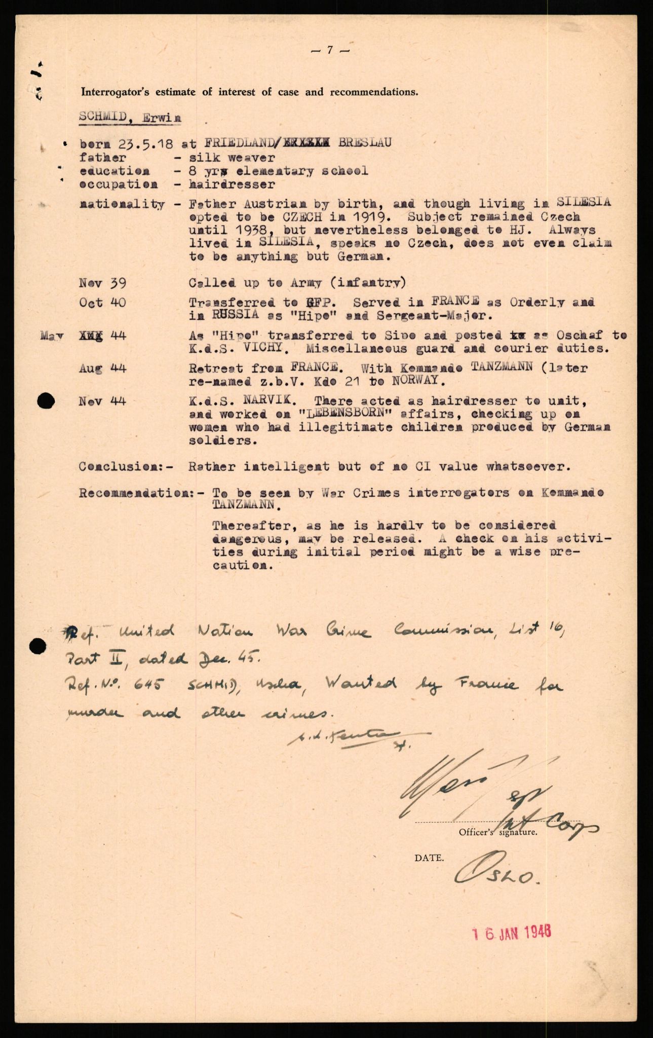 Forsvaret, Forsvarets overkommando II, RA/RAFA-3915/D/Db/L0029: CI Questionaires. Tyske okkupasjonsstyrker i Norge. Tyskere., 1945-1946, p. 343