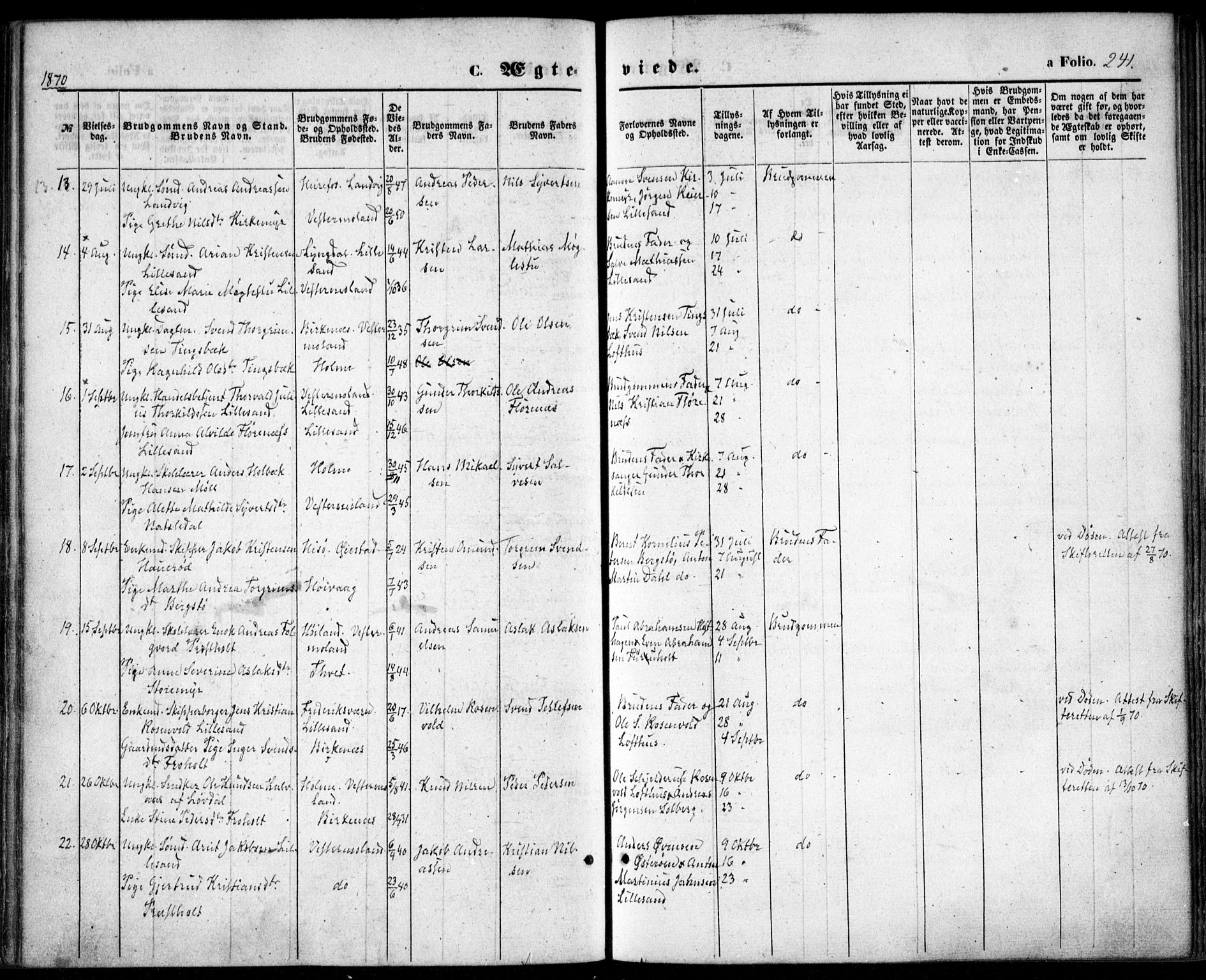 Vestre Moland sokneprestkontor, AV/SAK-1111-0046/F/Fa/Fab/L0007: Parish register (official) no. A 7, 1859-1872, p. 241