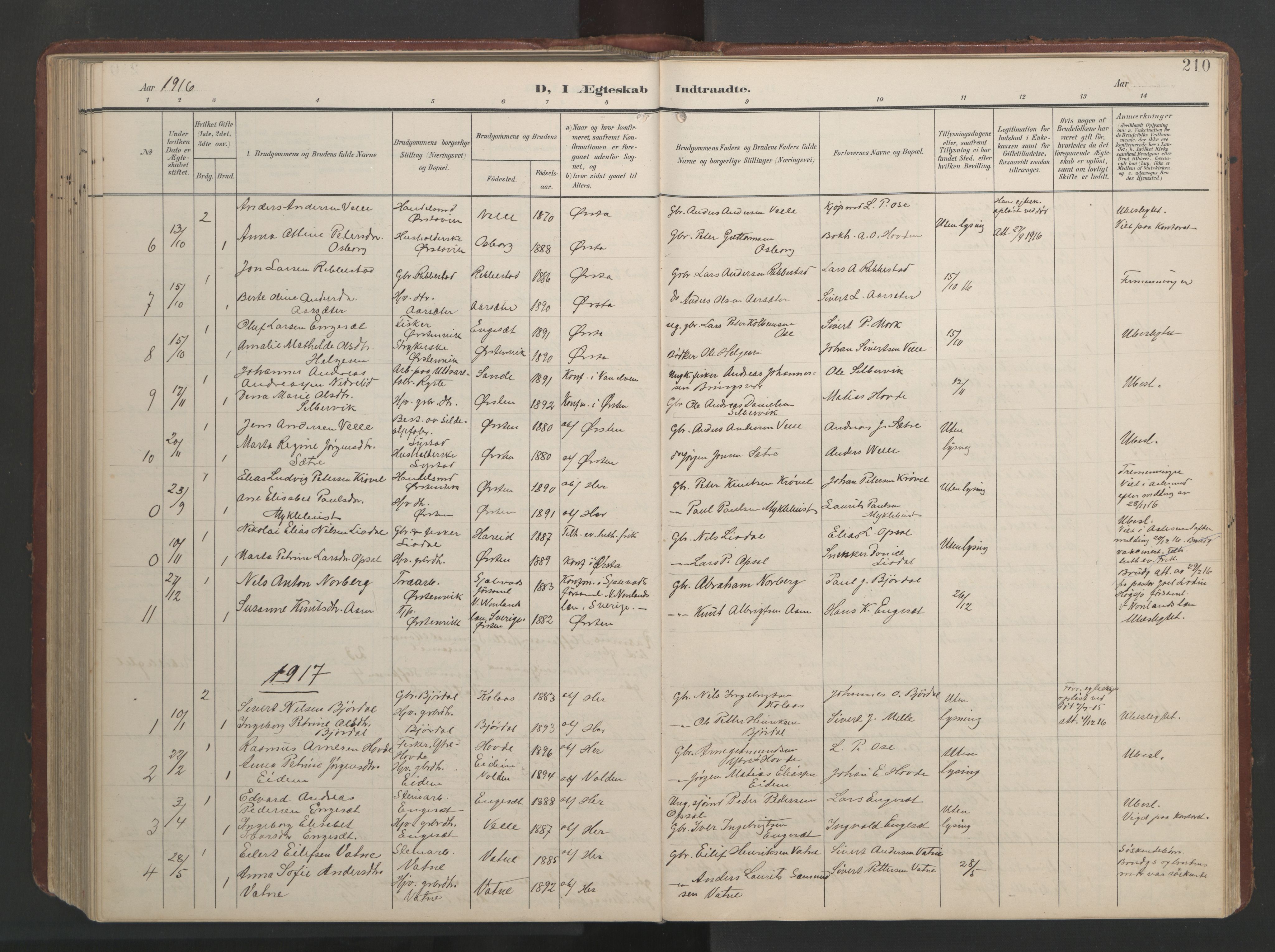 Ministerialprotokoller, klokkerbøker og fødselsregistre - Møre og Romsdal, AV/SAT-A-1454/513/L0190: Parish register (copy) no. 513C04, 1904-1926, p. 210