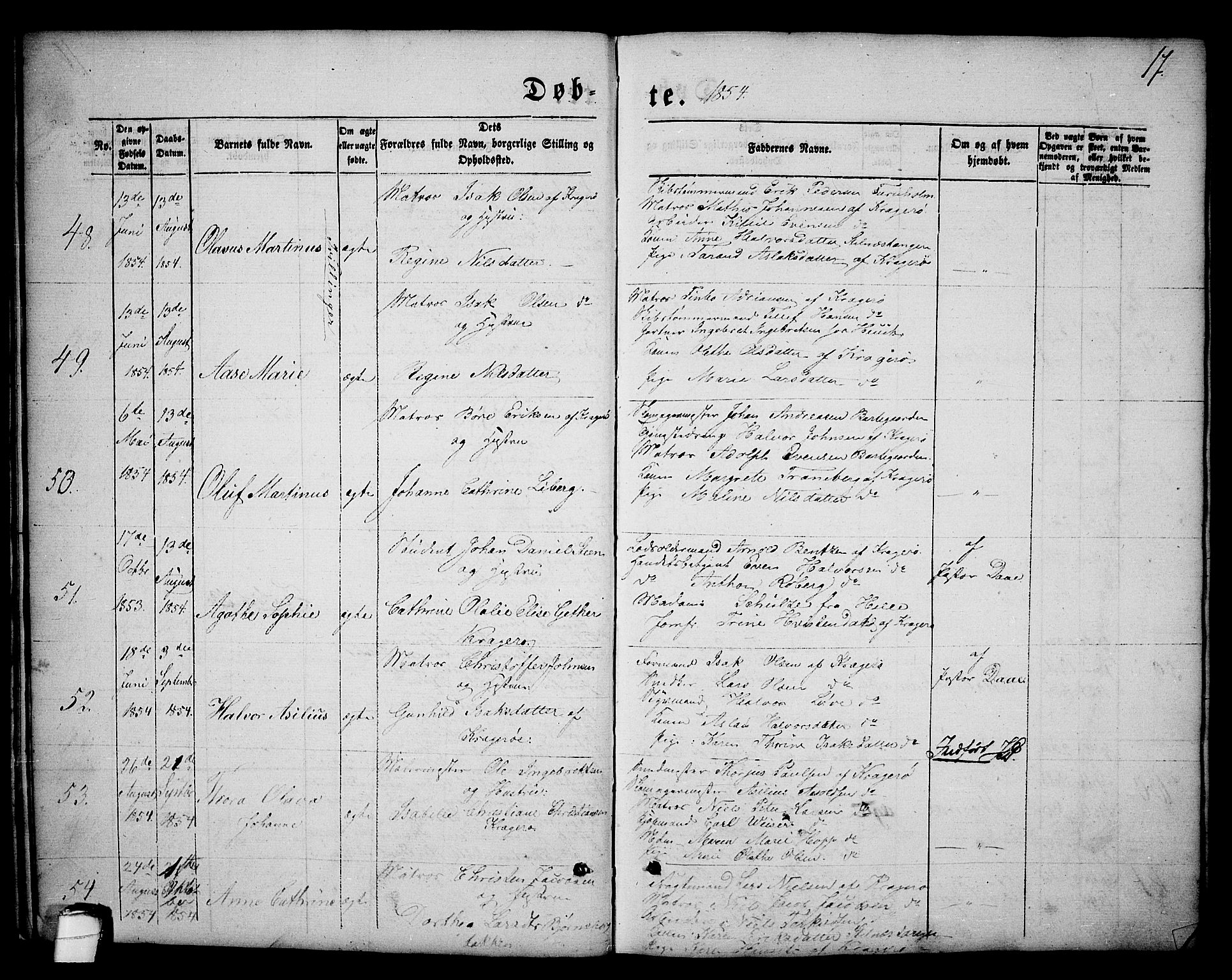 Kragerø kirkebøker, AV/SAKO-A-278/G/Ga/L0004: Parish register (copy) no. 4, 1853-1865, p. 17