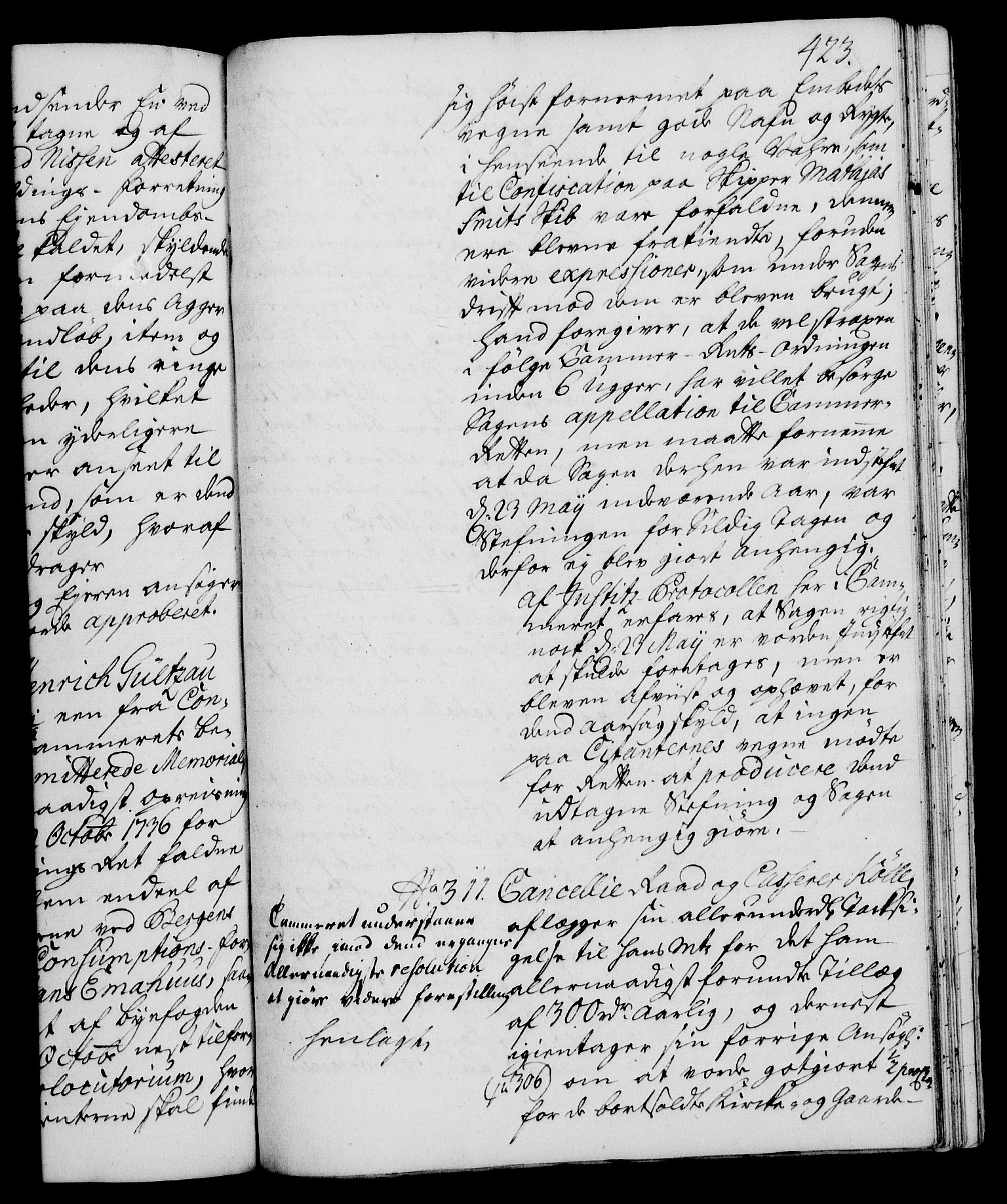Rentekammeret, Kammerkanselliet, AV/RA-EA-3111/G/Gh/Gha/L0019: Norsk ekstraktmemorialprotokoll (merket RK 53.64), 1736-1737, p. 423