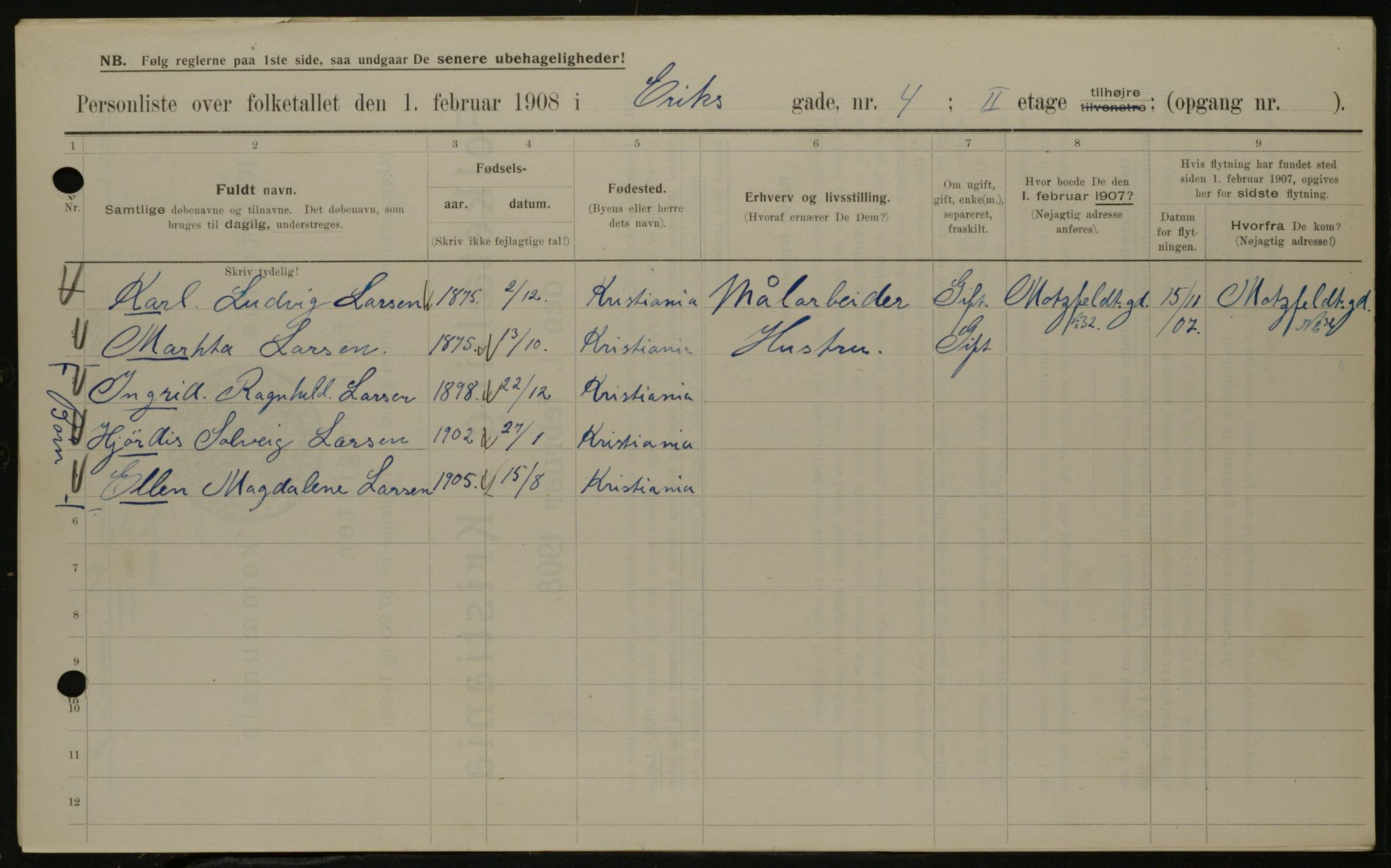 OBA, Municipal Census 1908 for Kristiania, 1908, p. 18008