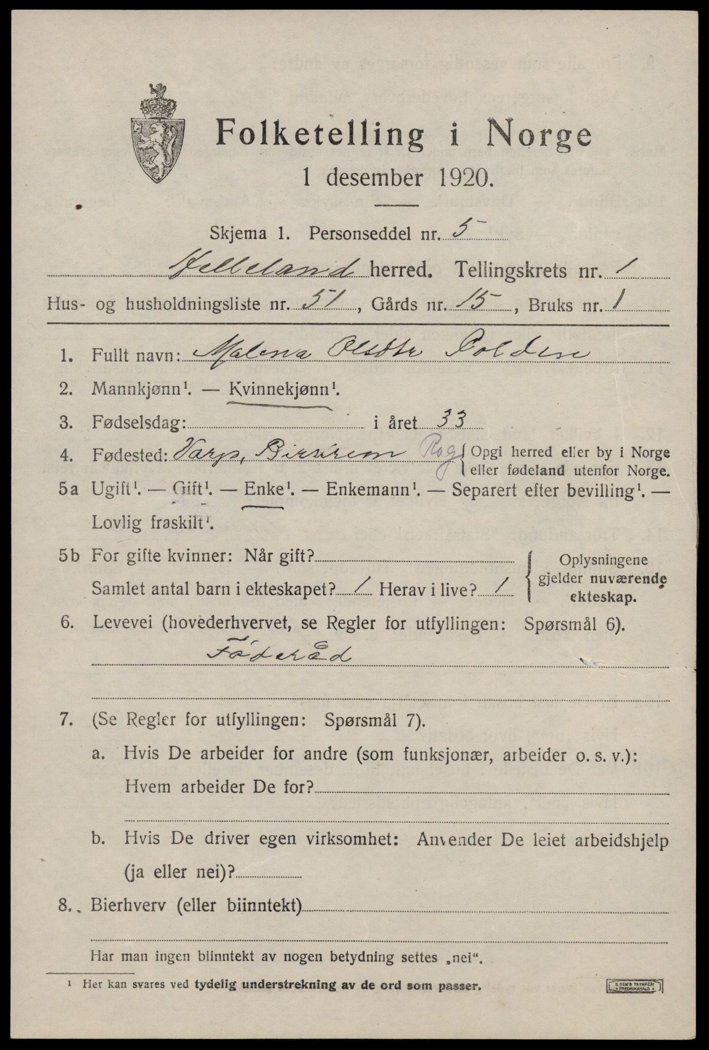 SAST, 1920 census for Helleland, 1920, p. 983