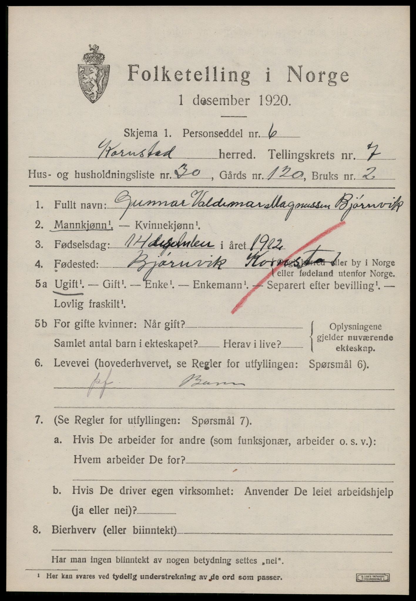 SAT, 1920 census for Kornstad, 1920, p. 4201