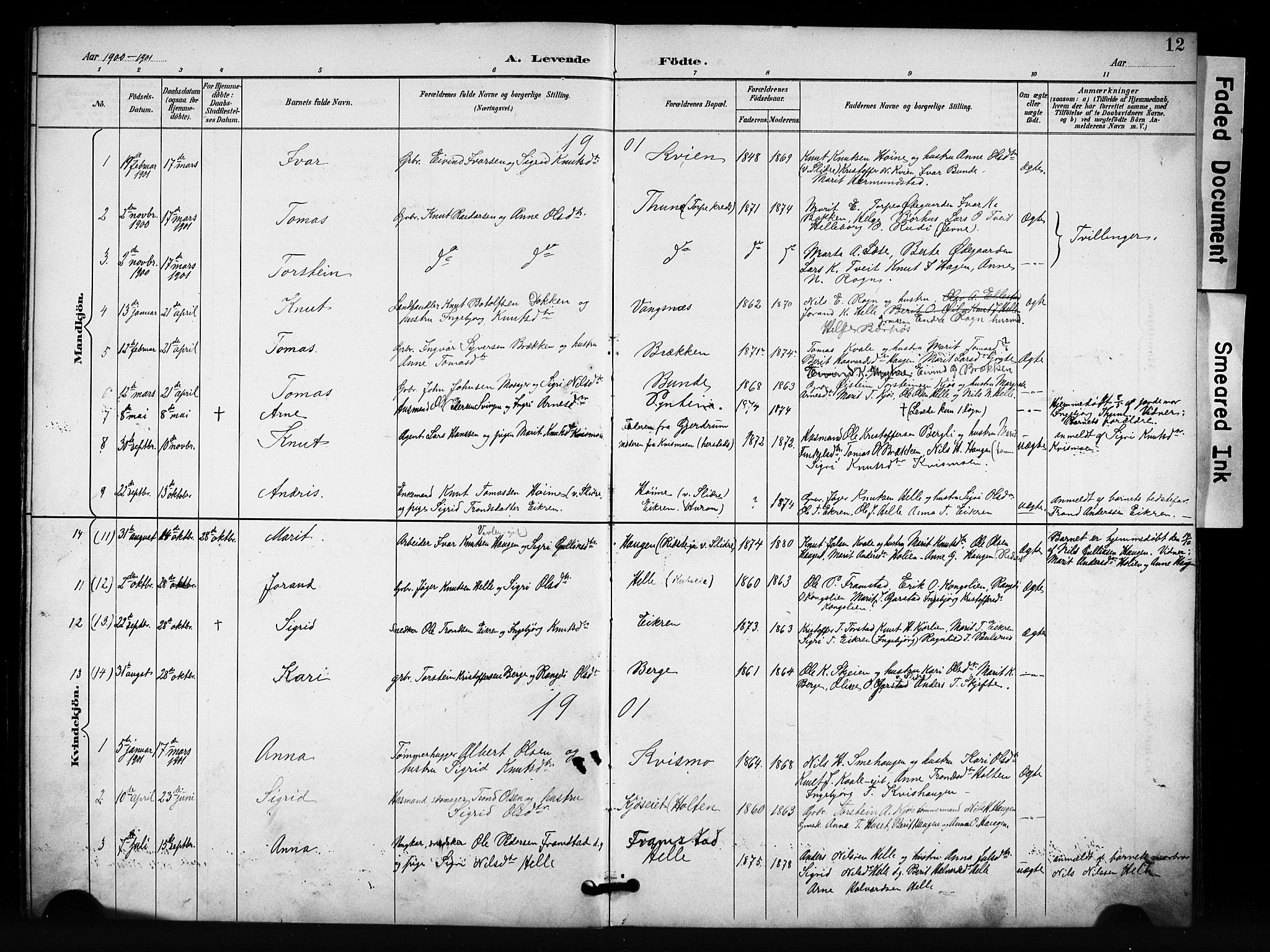 Vang prestekontor, Valdres, SAH/PREST-140/H/Hb/L0007: Parish register (copy) no. 7, 1893-1924, p. 12