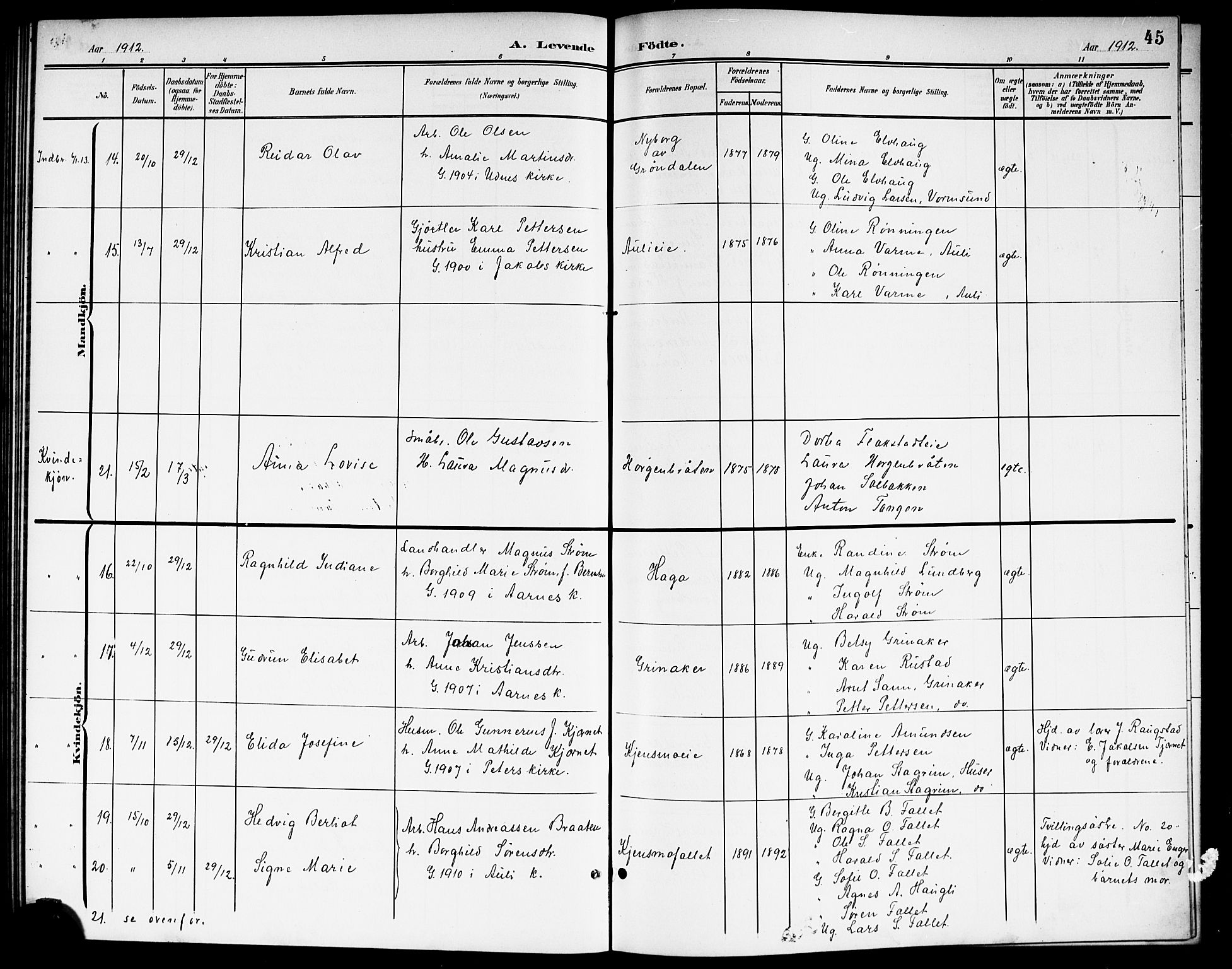 Nes prestekontor Kirkebøker, AV/SAO-A-10410/G/Gb/L0001: Parish register (copy) no. II 1, 1901-1917, p. 45