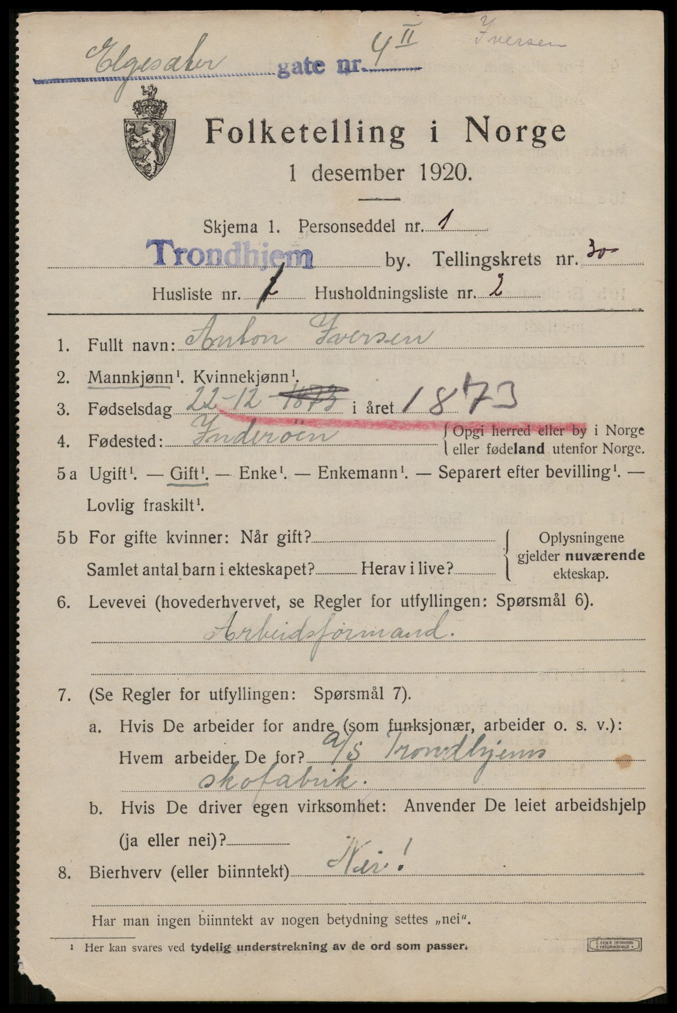 SAT, 1920 census for Trondheim, 1920, p. 73496