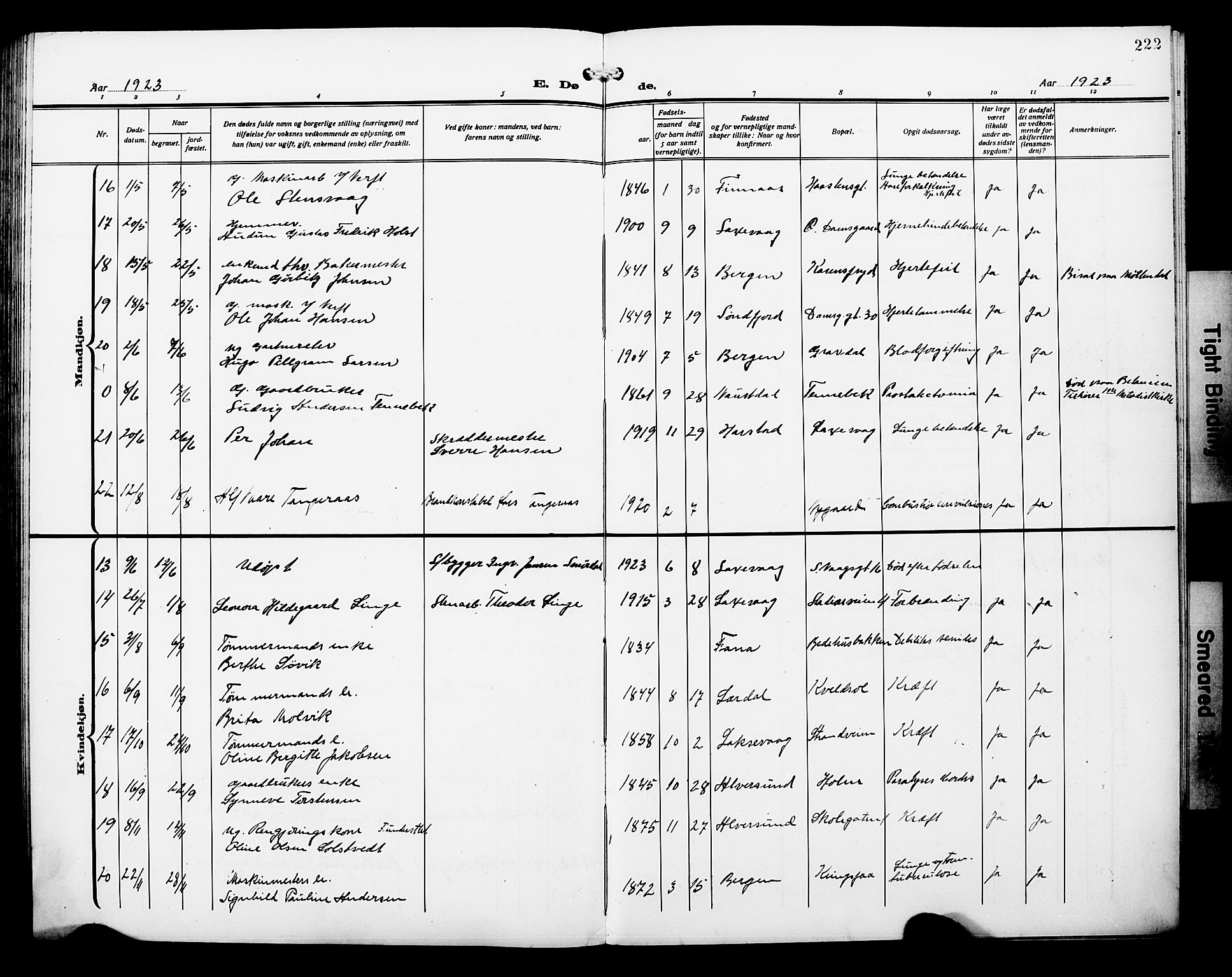 Laksevåg Sokneprestembete, AV/SAB-A-76501/H/Ha/Hab/Haba/L0006: Parish register (copy) no. A 6, 1917-1925, p. 222