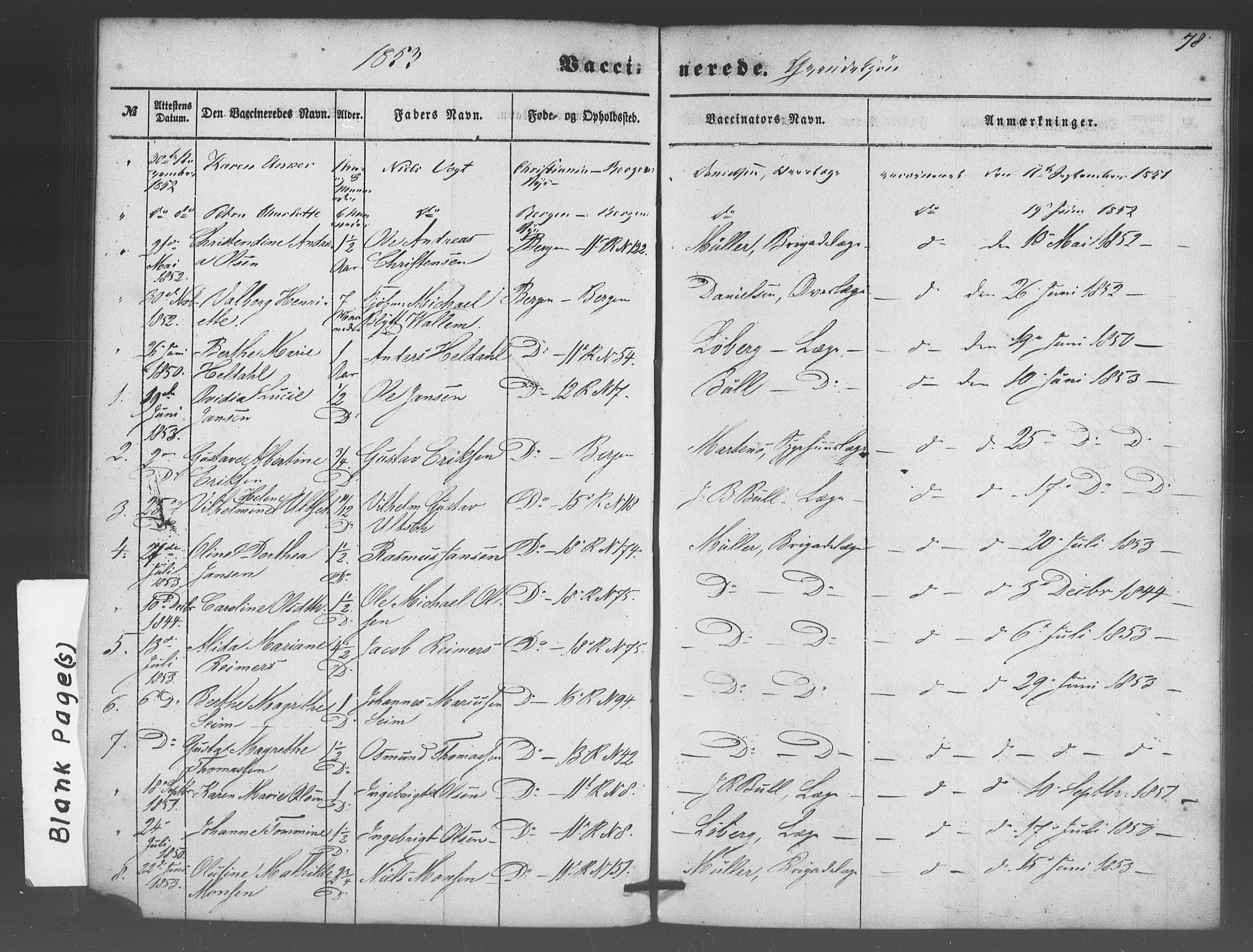 Domkirken sokneprestembete, SAB/A-74801/H/Haa/L0047: Parish register (official) no. F 2, 1852-1868, p. 78