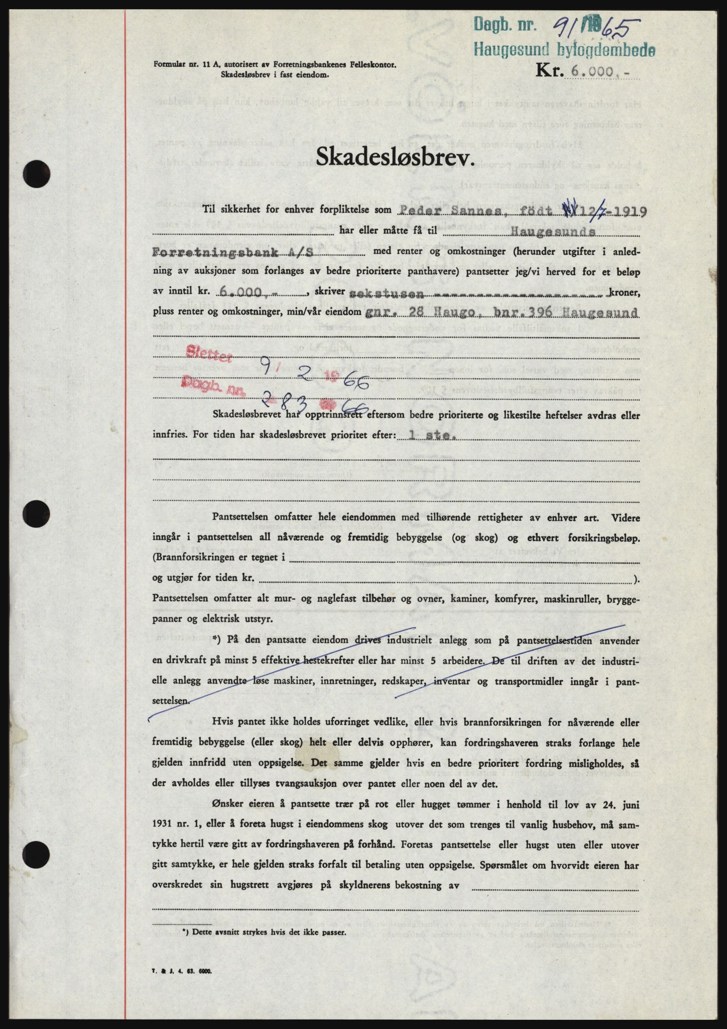 Haugesund tingrett, SAST/A-101415/01/II/IIC/L0053: Mortgage book no. B 53, 1965-1965, Diary no: : 91/1965