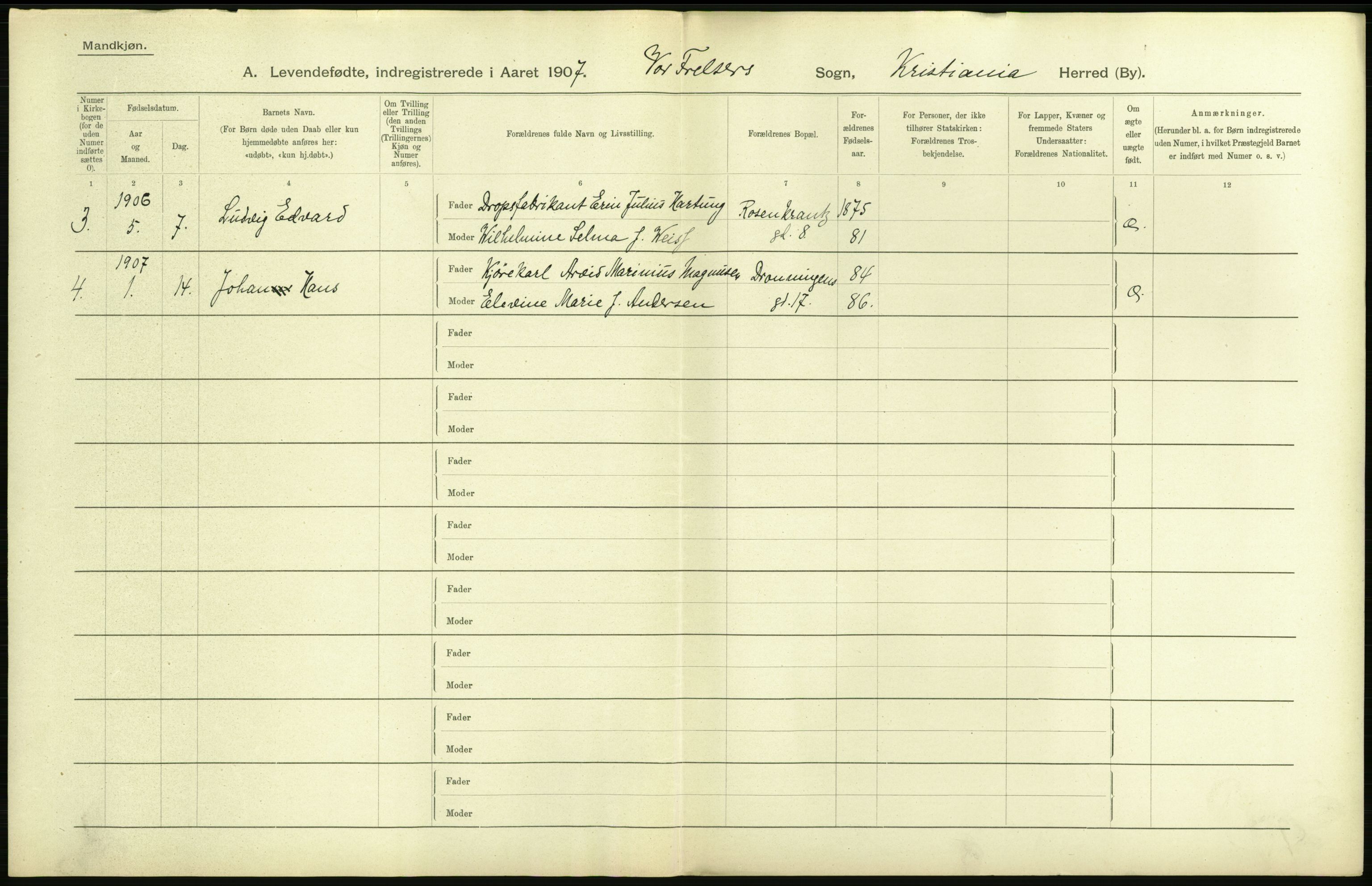 Statistisk sentralbyrå, Sosiodemografiske emner, Befolkning, AV/RA-S-2228/D/Df/Dfa/Dfae/L0006: Kristiania: Levendefødte menn og kvinner., 1907, p. 18