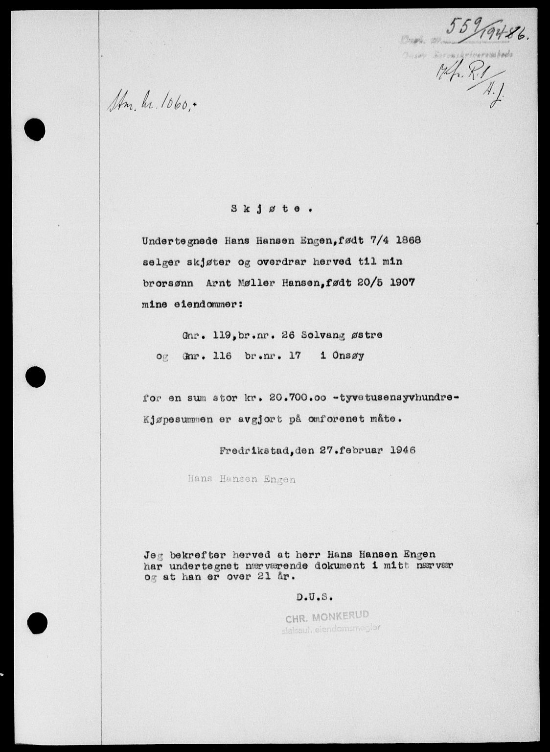 Onsøy sorenskriveri, SAO/A-10474/G/Ga/Gab/L0015: Mortgage book no. II A-15, 1945-1946, Diary no: : 559/1946