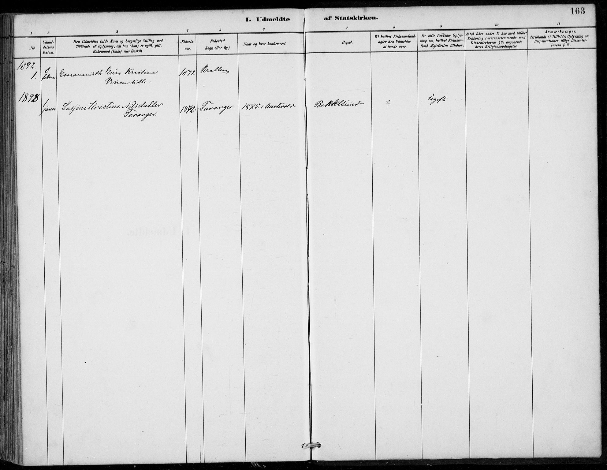 Sund sokneprestembete, SAB/A-99930: Parish register (official) no. C  1, 1882-1899, p. 163