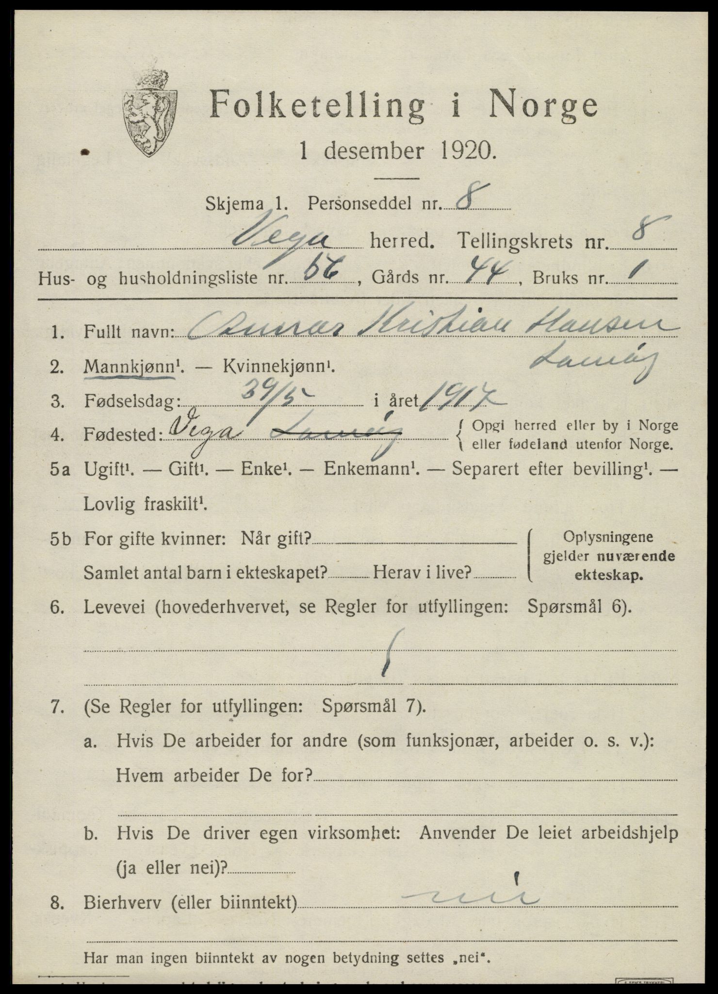 SAT, 1920 census for Vega, 1920, p. 4535