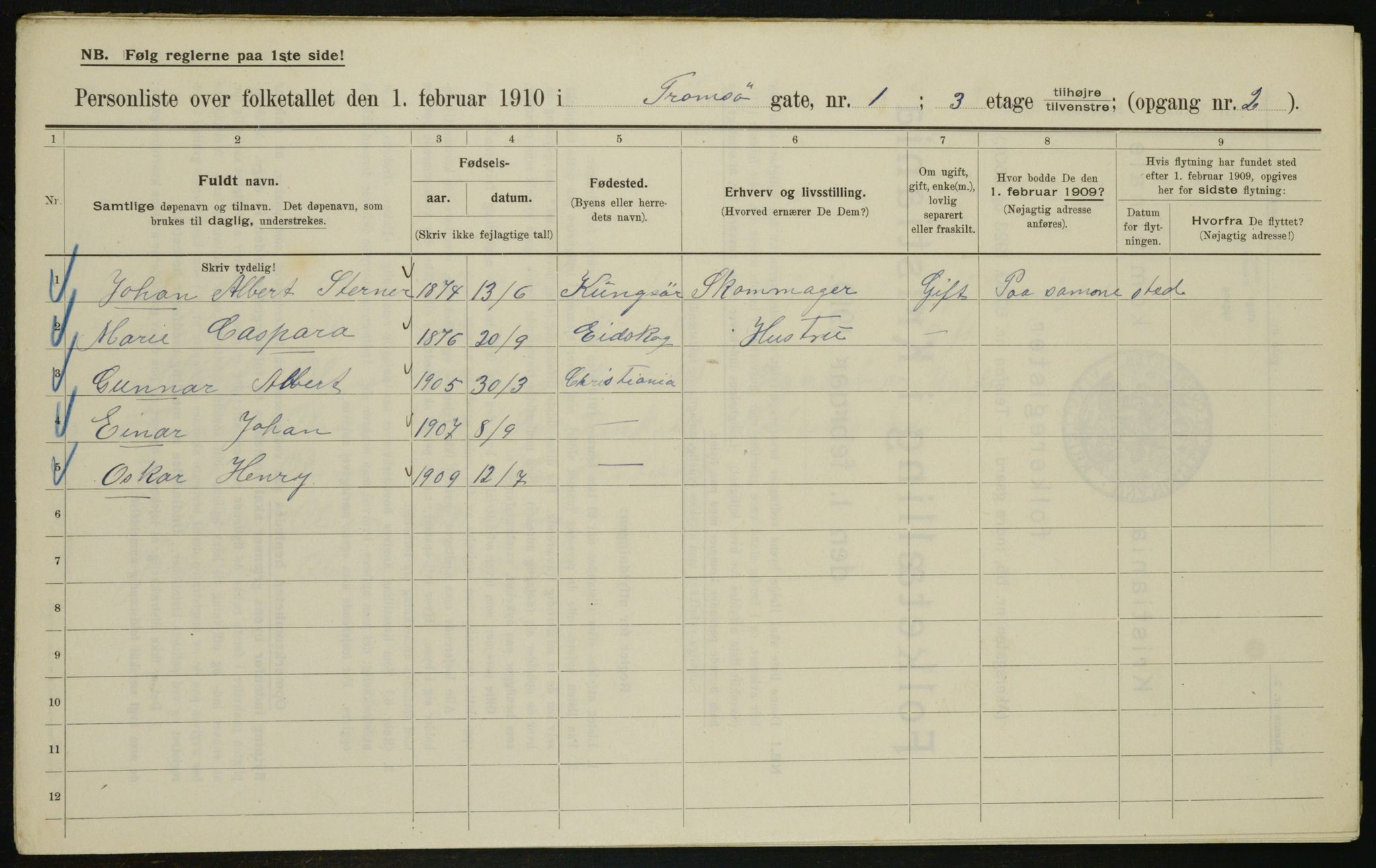 OBA, Municipal Census 1910 for Kristiania, 1910, p. 109723