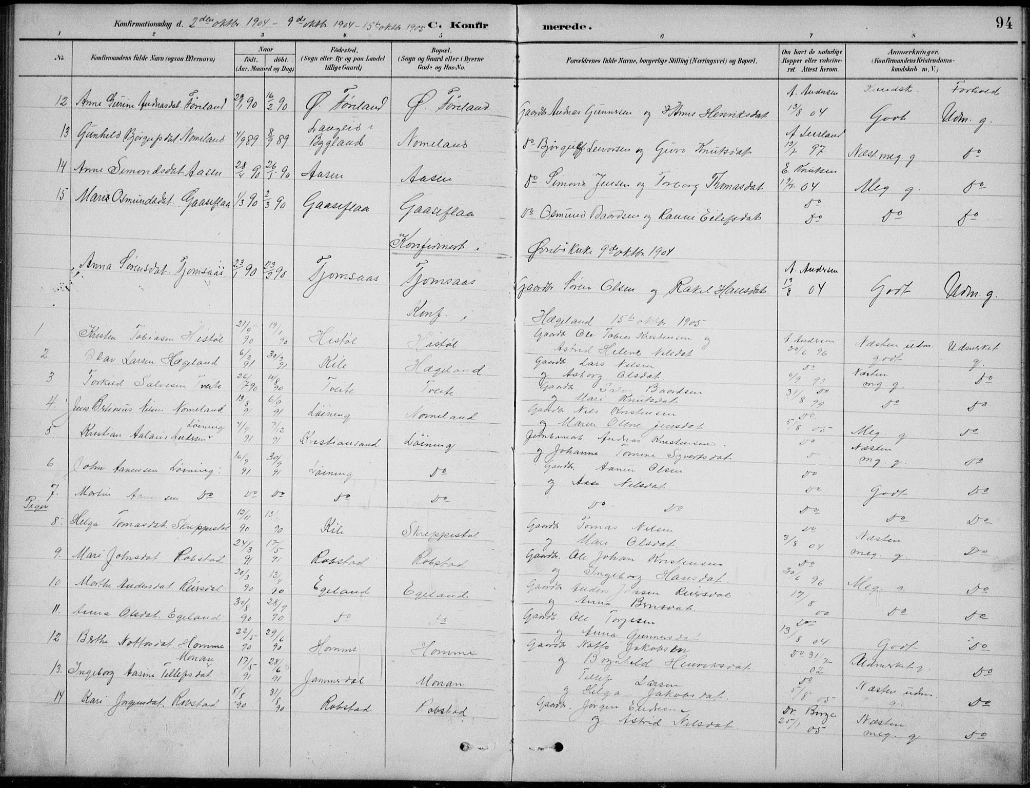 Vennesla sokneprestkontor, AV/SAK-1111-0045/Fb/Fba/L0003: Parish register (copy) no. B 3, 1890-1919, p. 94