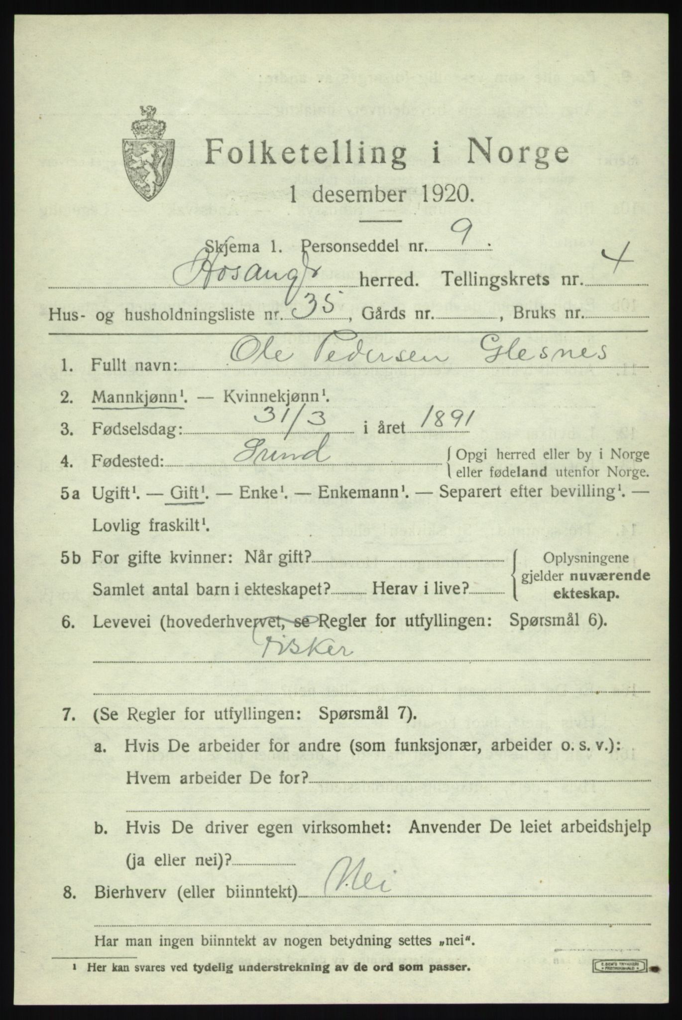 SAB, 1920 census for Hosanger, 1920, p. 2289