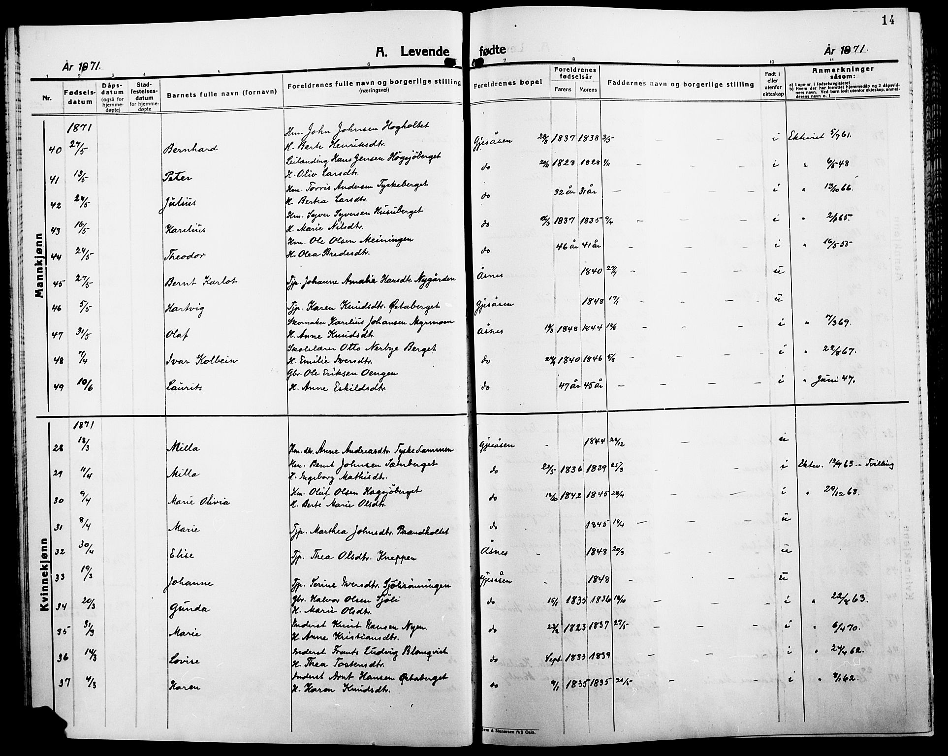 Åsnes prestekontor, AV/SAH-PREST-042/H/Ha/Haa/L0000B: Parish register (official), 1870-1889, p. 14