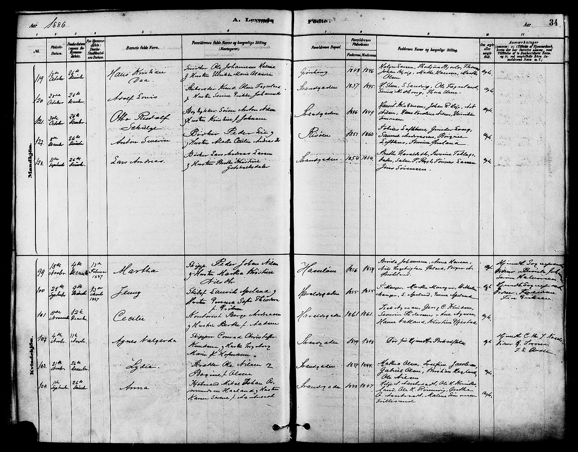 Haugesund sokneprestkontor, AV/SAST-A -101863/H/Ha/Haa/L0003: Parish register (official) no. A 3, 1885-1890, p. 34