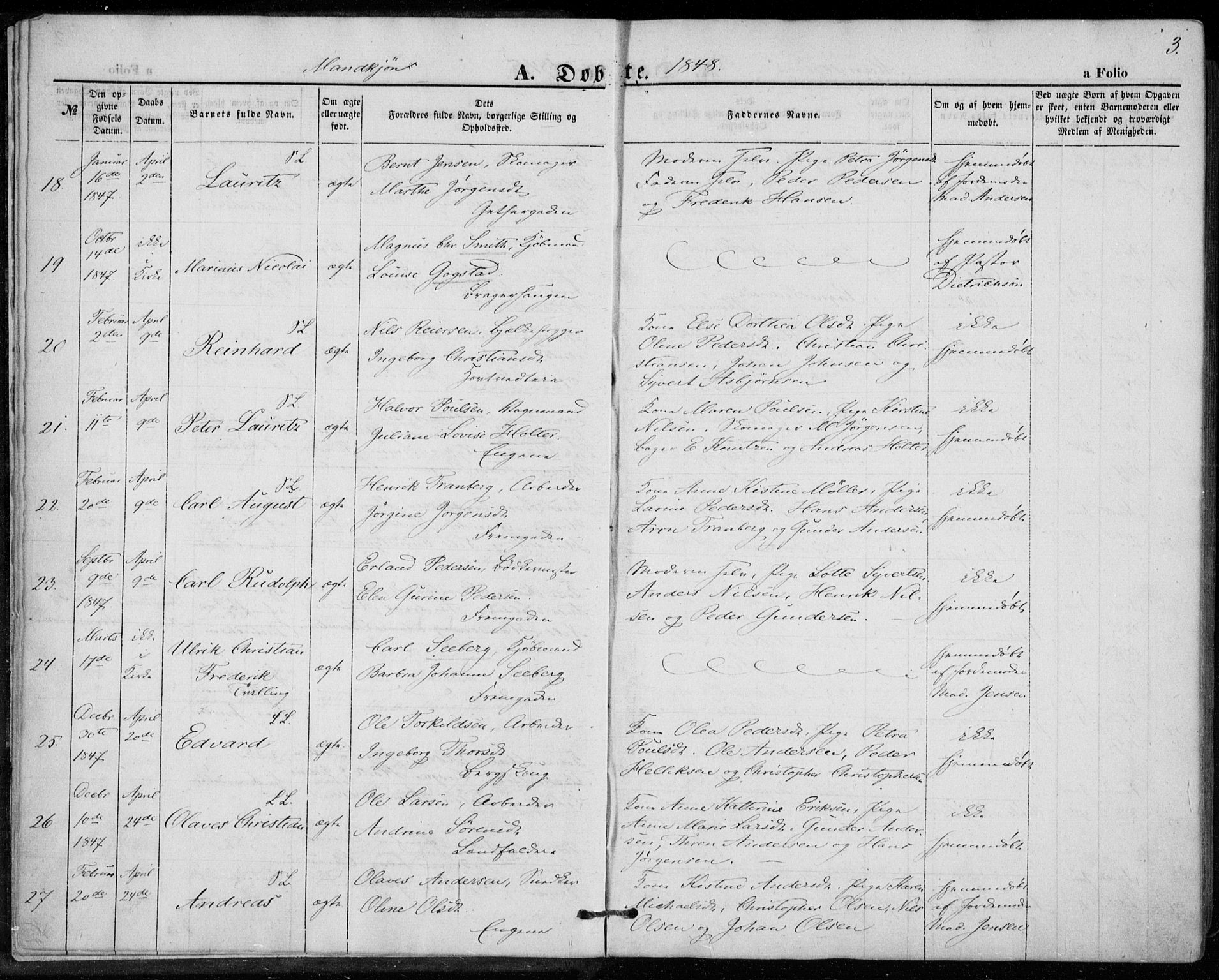 Bragernes kirkebøker, AV/SAKO-A-6/F/Fb/L0002: Parish register (official) no. II 2, 1848-1859, p. 3