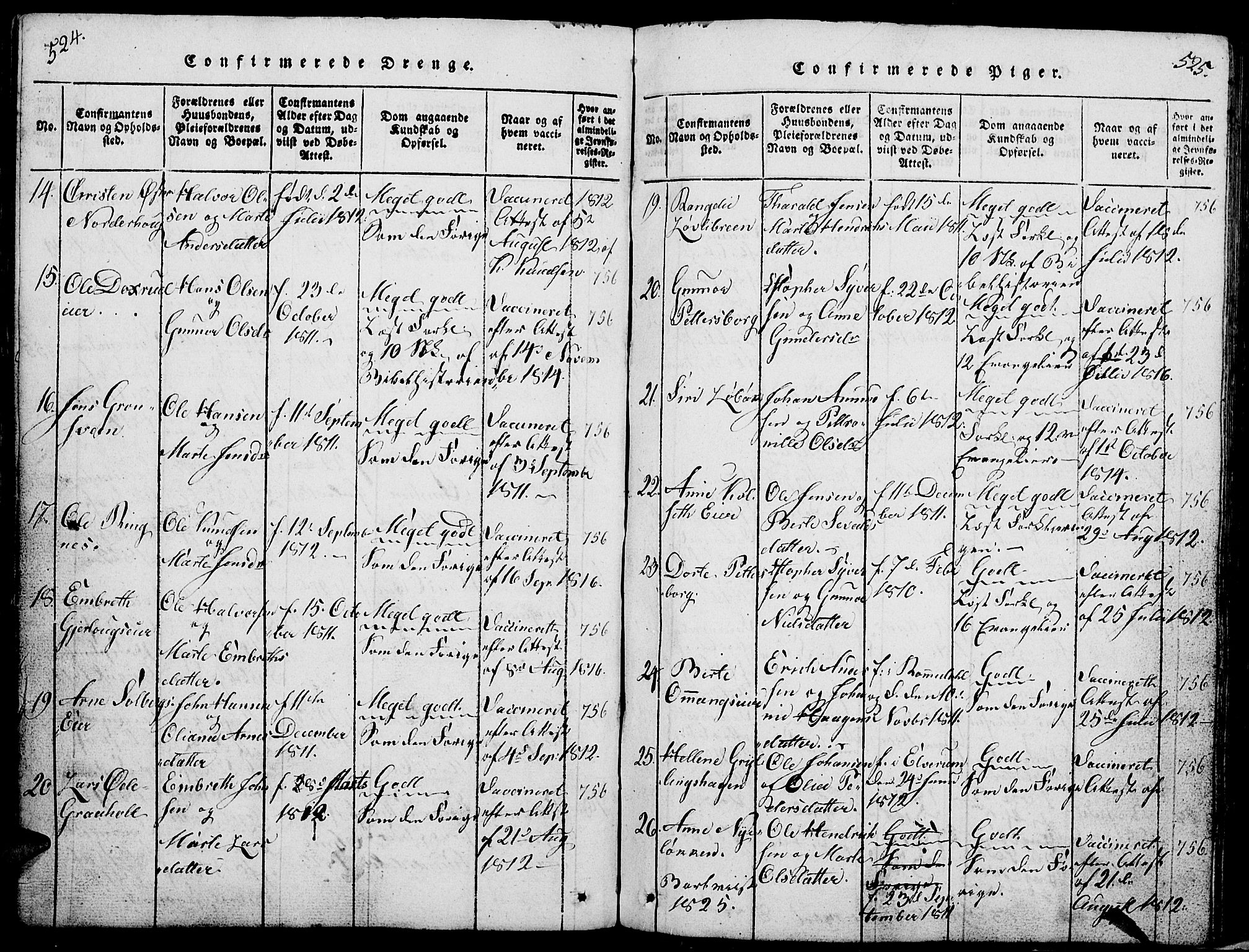 Løten prestekontor, AV/SAH-PREST-022/L/La/L0001: Parish register (copy) no. 1, 1812-1832, p. 524-525