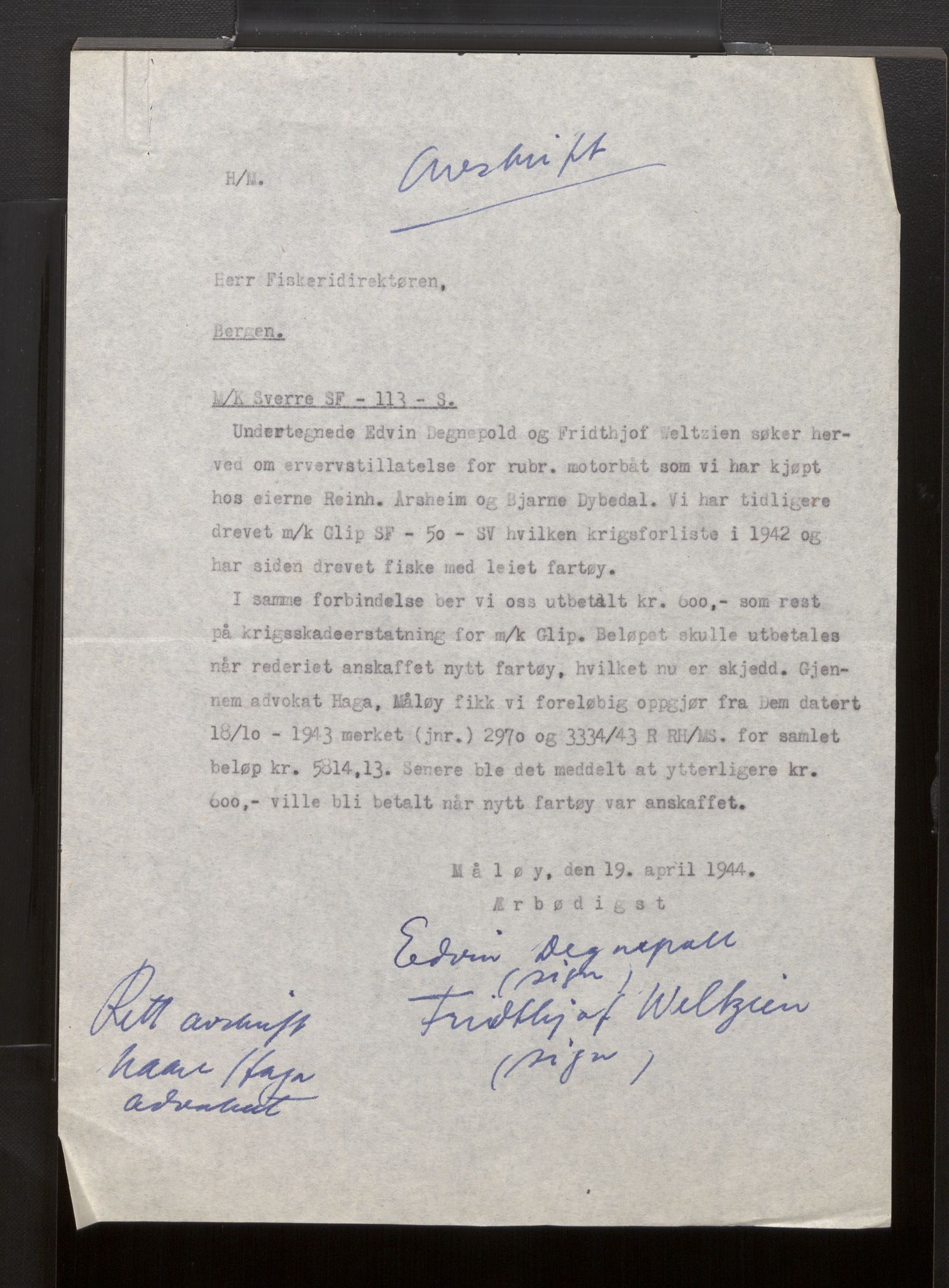 Fiskeridirektoratet - 1 Adm. ledelse - 13 Båtkontoret, AV/SAB-A-2003/La/L0058: Statens krigsforsikring for fiskeflåten, 1936-1971, p. 697