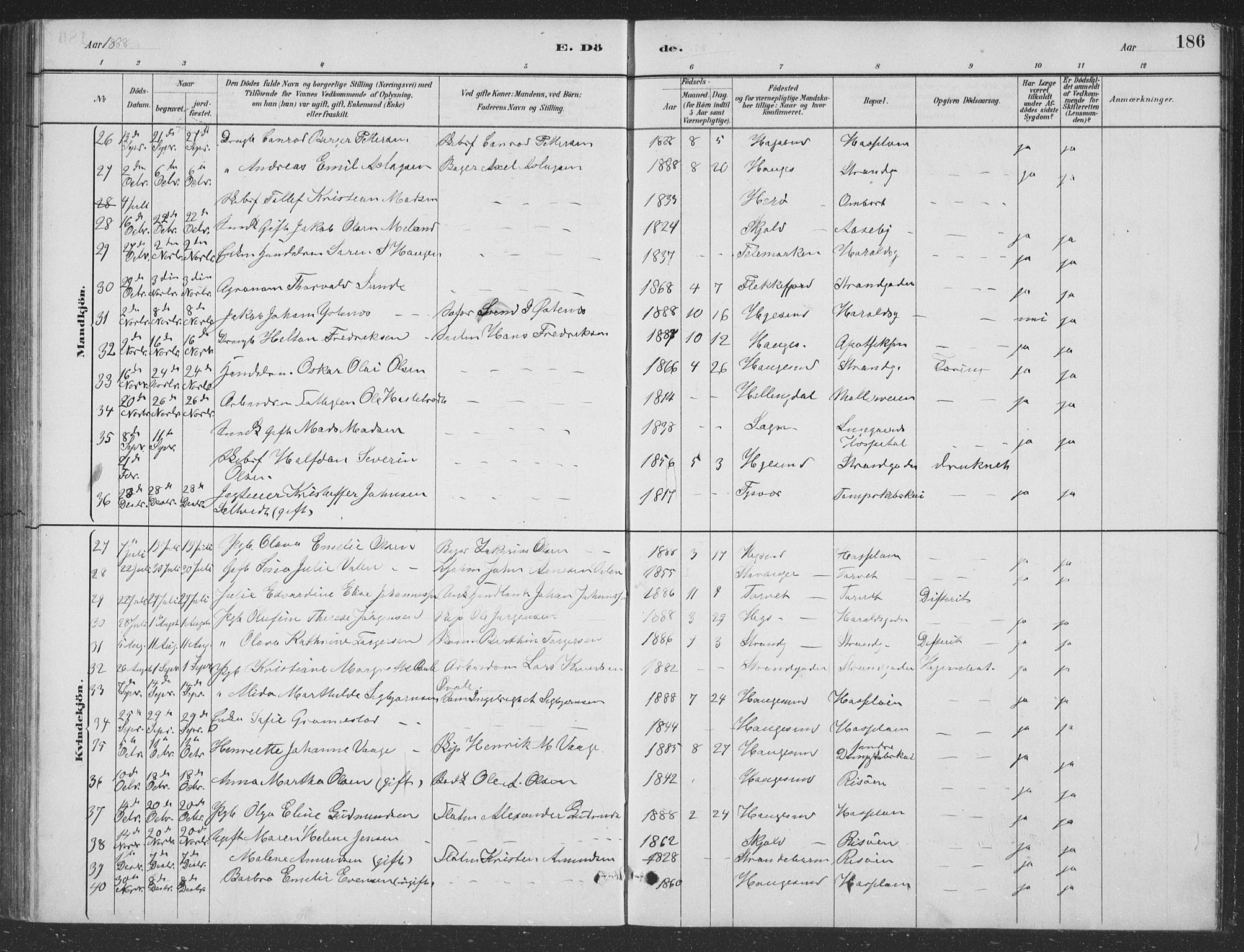 Haugesund sokneprestkontor, SAST/A -101863/H/Ha/Hab/L0002: Parish register (copy) no. B 2, 1881-1894, p. 186
