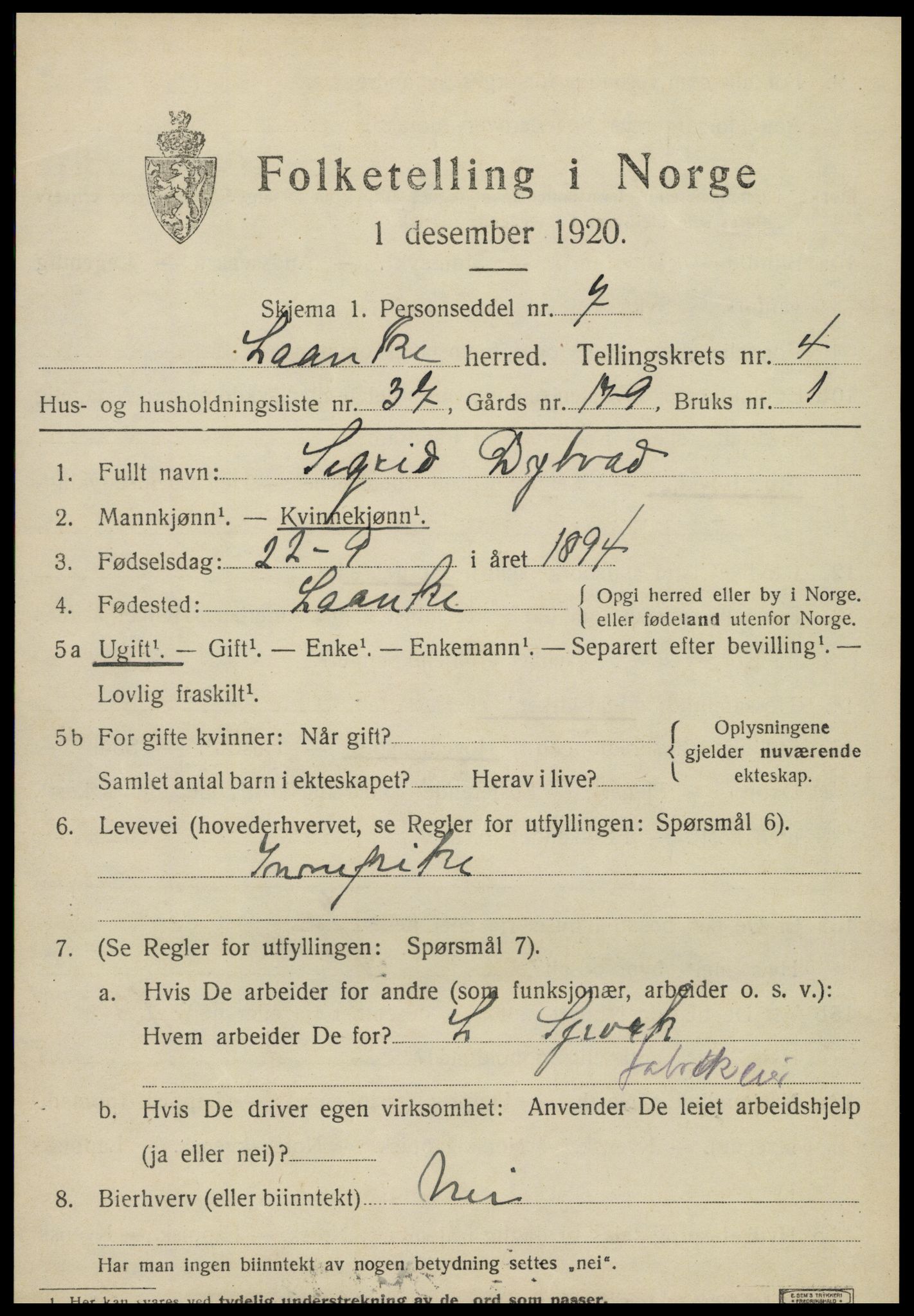 SAT, 1920 census for Lånke, 1920, p. 2762