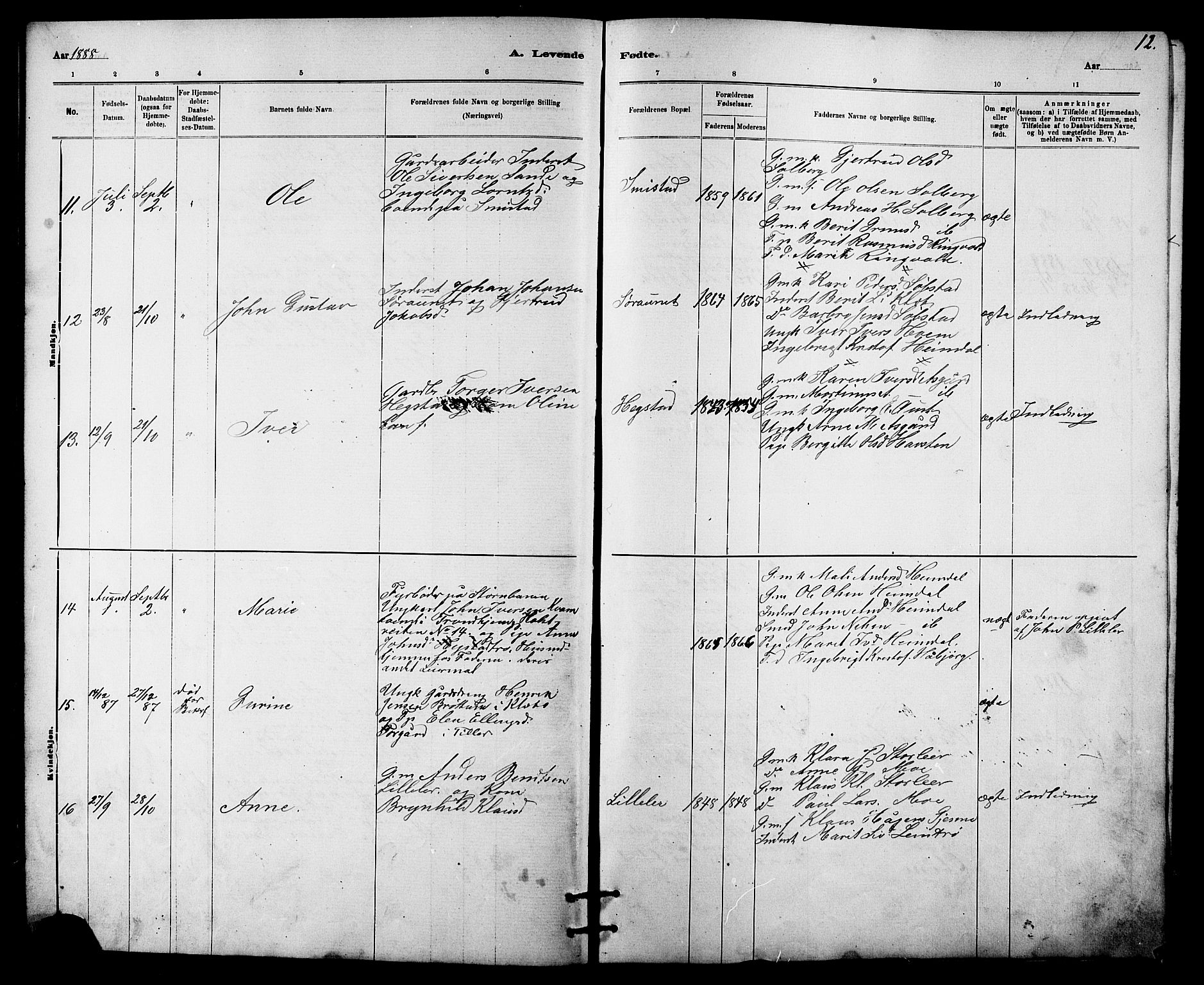 Ministerialprotokoller, klokkerbøker og fødselsregistre - Sør-Trøndelag, SAT/A-1456/613/L0395: Parish register (copy) no. 613C03, 1887-1909, p. 12