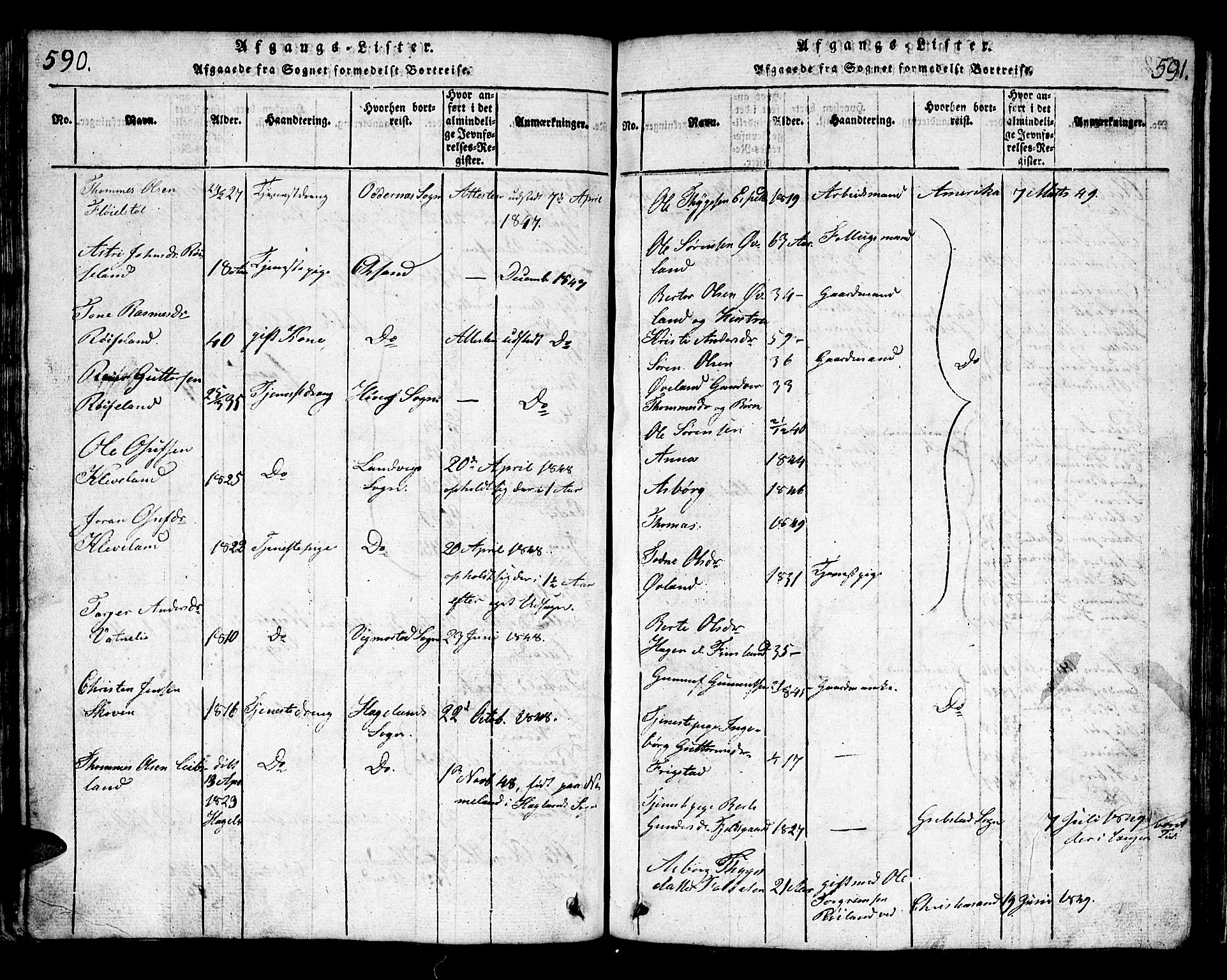 Bjelland sokneprestkontor, AV/SAK-1111-0005/F/Fb/Fbb/L0003: Parish register (copy) no. B 3, 1816-1868, p. 590-591