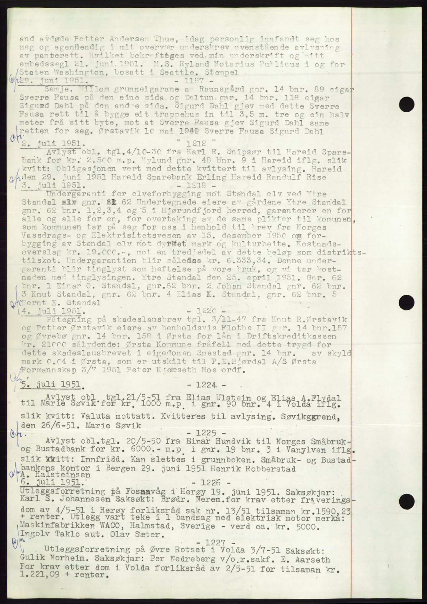 Søre Sunnmøre sorenskriveri, AV/SAT-A-4122/1/2/2C/L0072: Mortgage book no. 66, 1941-1955, Diary no: : 1197/1951