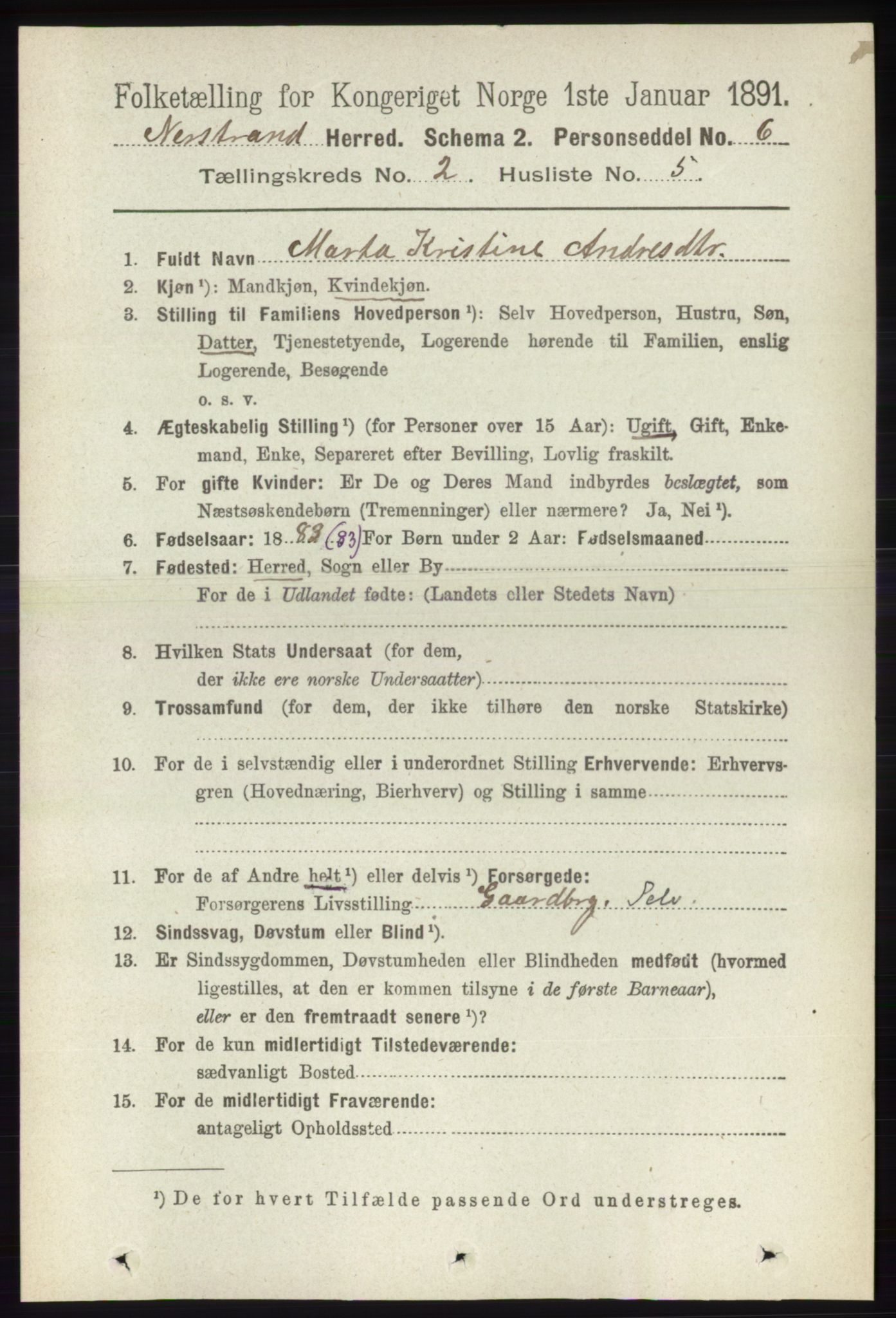 RA, 1891 census for 1139 Nedstrand, 1891, p. 267