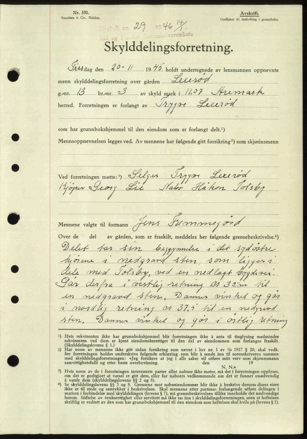 Idd og Marker sorenskriveri, AV/SAO-A-10283/G/Gb/Gbb/L0008: Mortgage book no. A8, 1946-1946, Diary no: : 29/1946