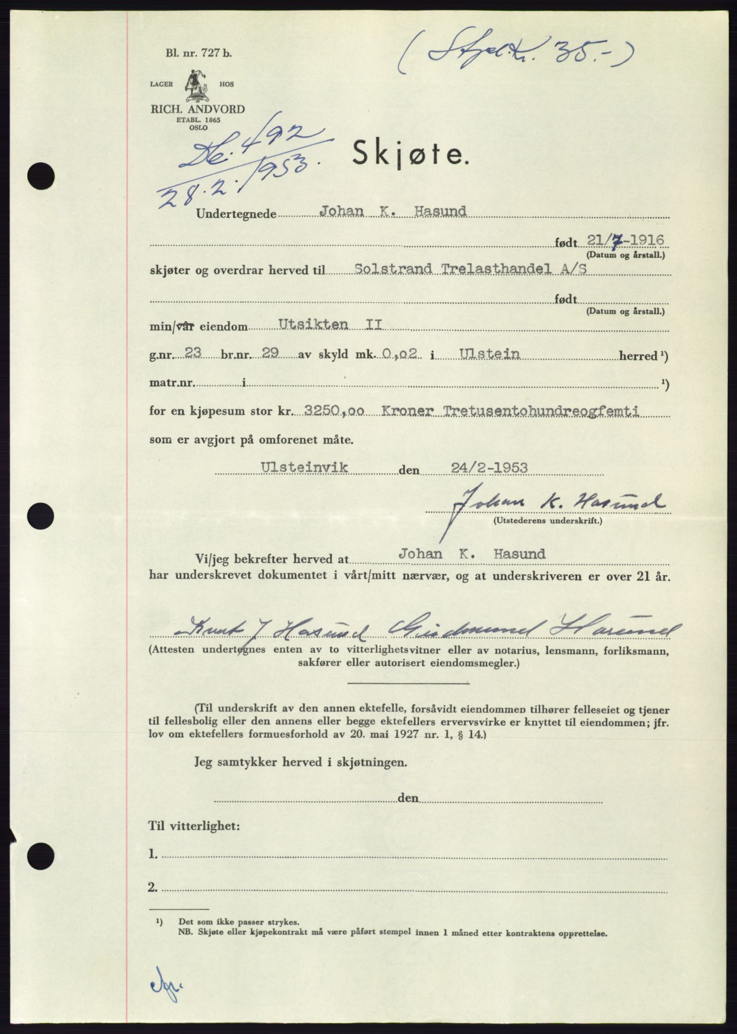 Søre Sunnmøre sorenskriveri, AV/SAT-A-4122/1/2/2C/L0094: Mortgage book no. 20A, 1953-1953, Diary no: : 492/1953