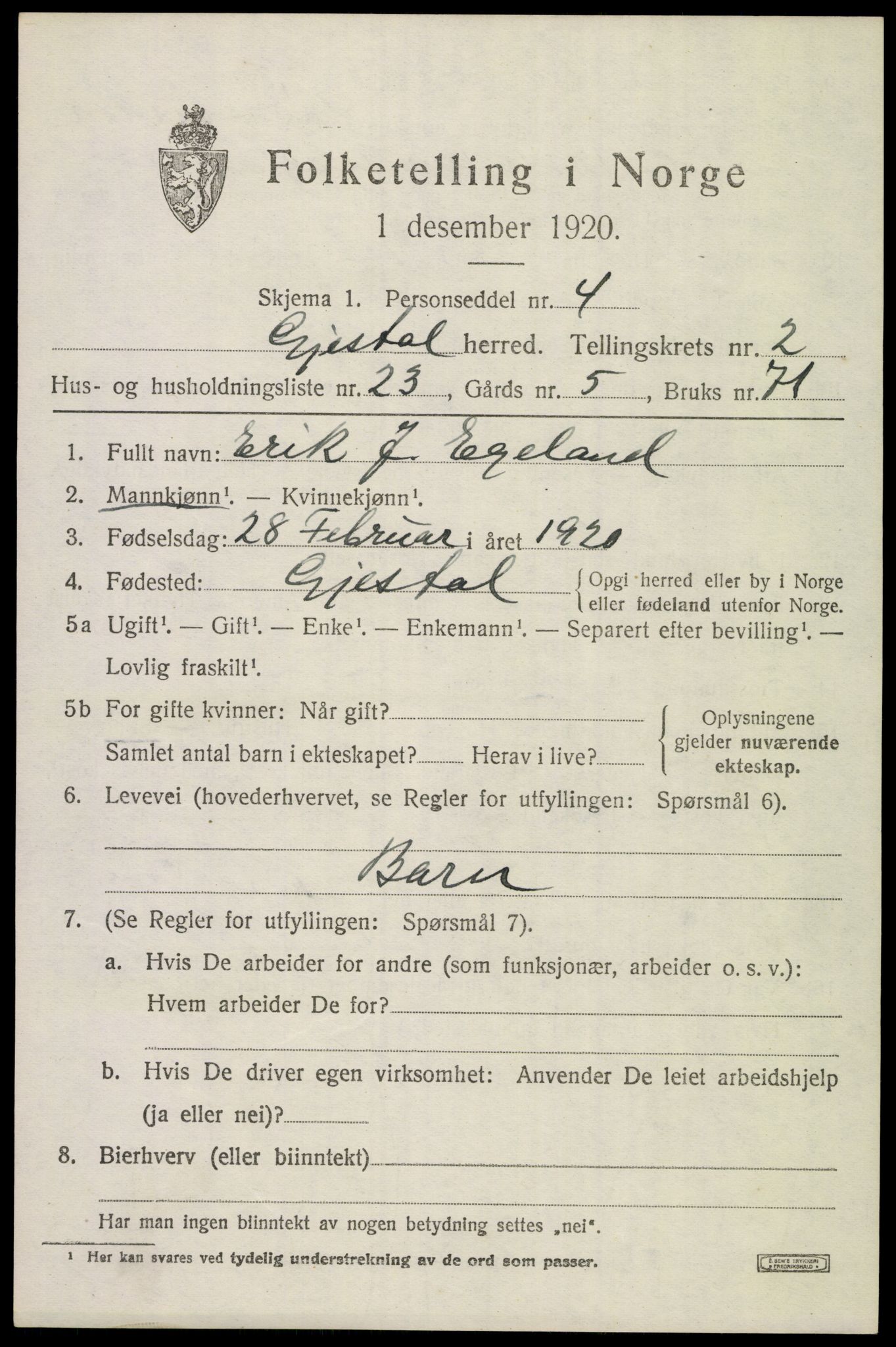 SAST, 1920 census for Gjesdal, 1920, p. 1740