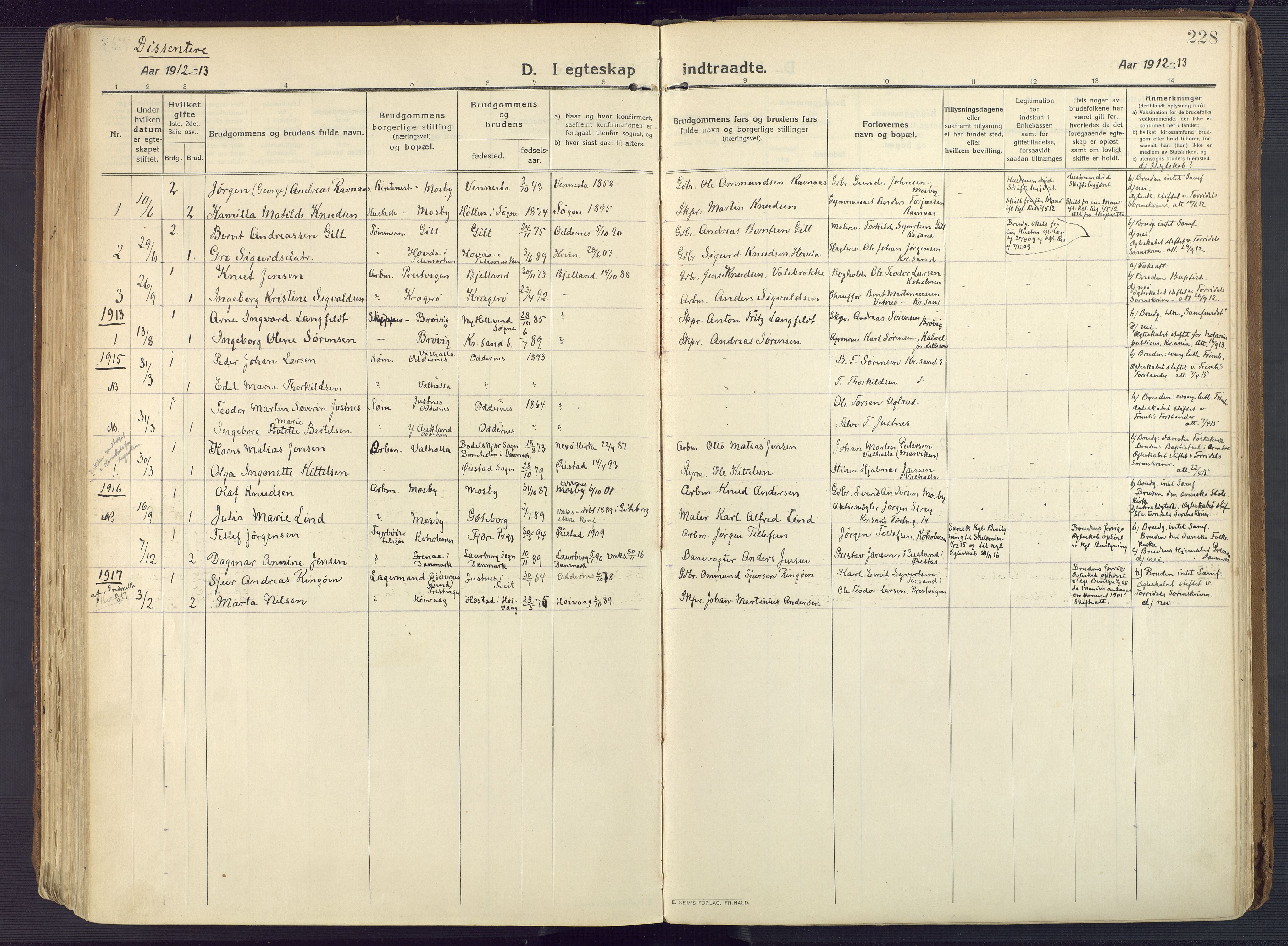 Oddernes sokneprestkontor, SAK/1111-0033/F/Fa/Faa/L0012: Parish register (official) no. A 12, 1912-1925, p. 228