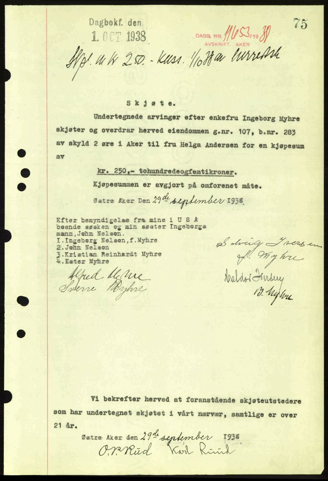 Aker herredsskriveri, SAO/A-10896/G/Gb/Gba/Gbab/L0025: Mortgage book no. A154-155, 1938-1938, Diary no: : 11653/1938