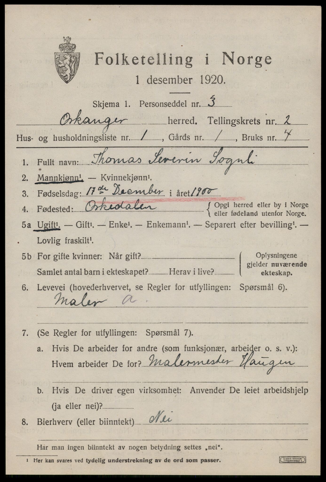 SAT, 1920 census for Orkanger, 1920, p. 1197