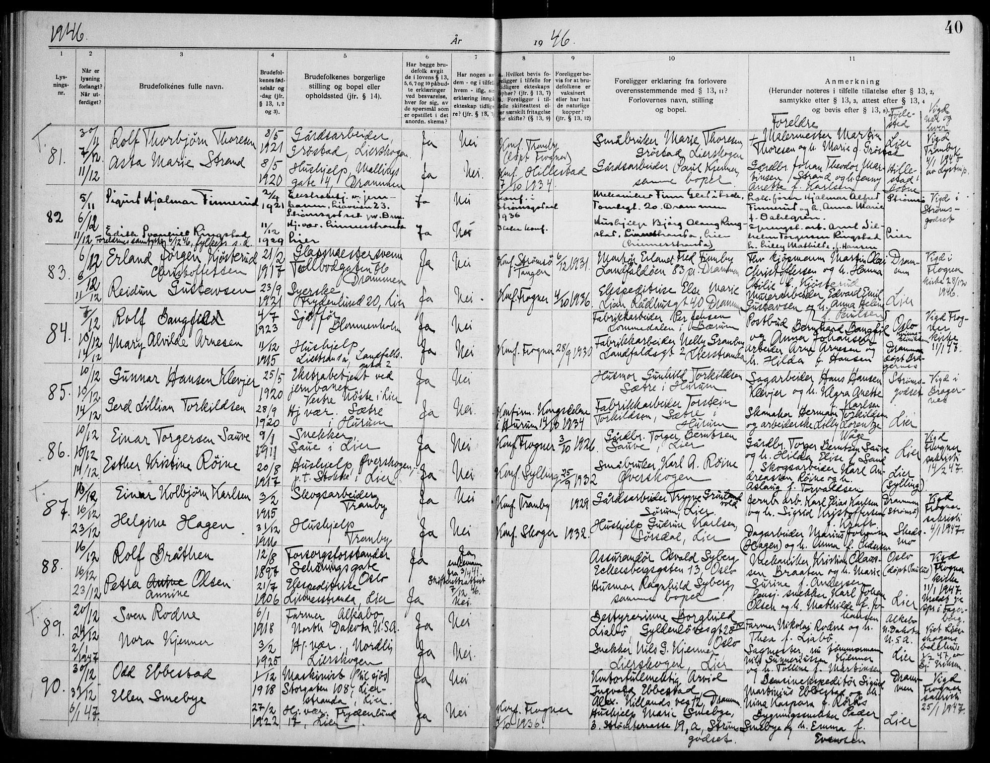 Lier kirkebøker, AV/SAKO-A-230/H/Ha/L0003: Banns register no. 3, 1940-1955, p. 40